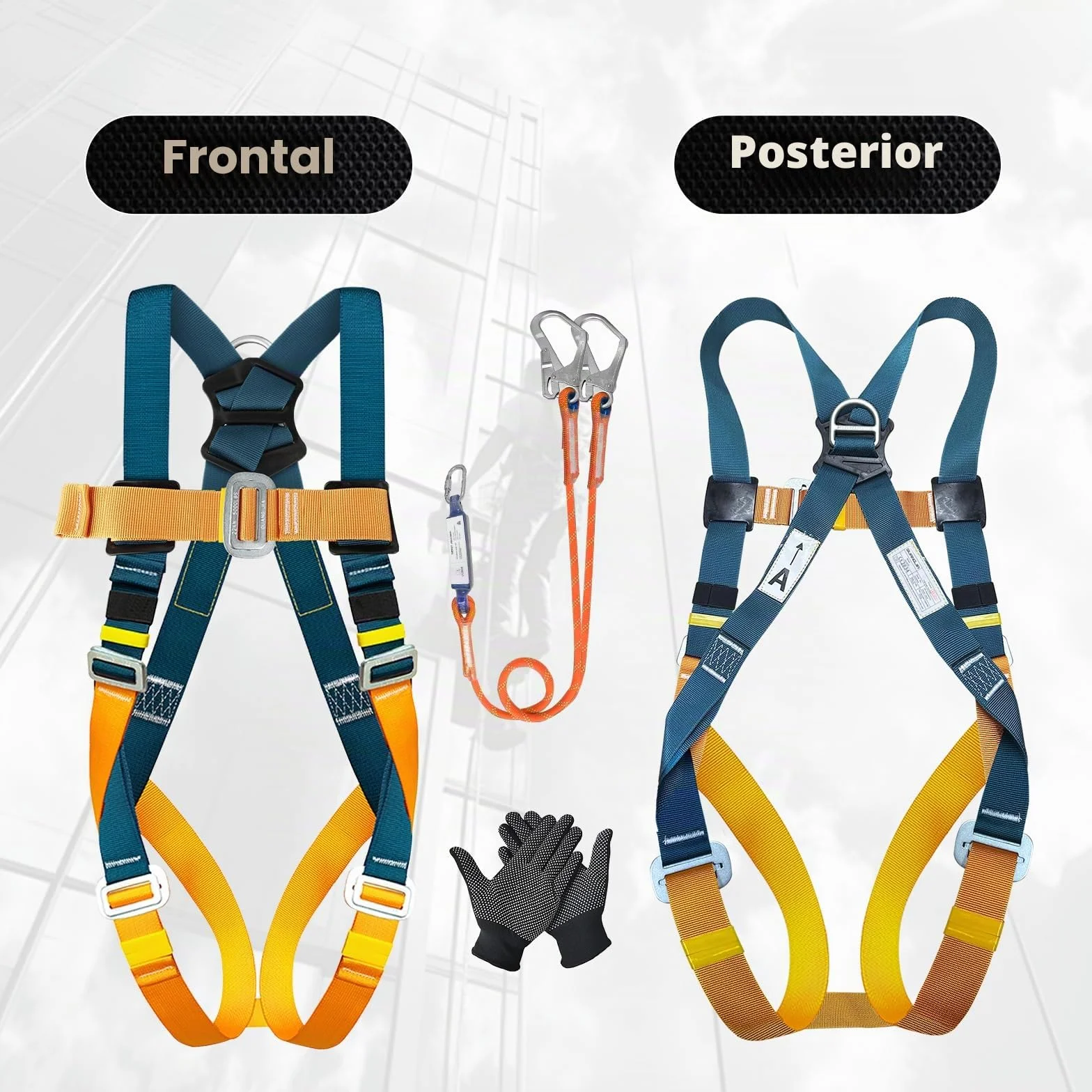 Arnés de seguridad EN 361/354/355, carga máxima 140 kg, doble cuerda 1,8 m, protección caídas