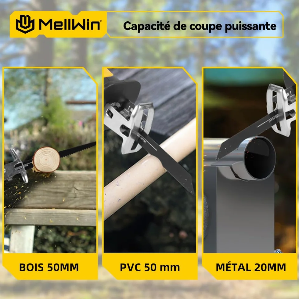 Sierra de vaivén con motor sin escobillas, 0-12000 SPM, sierra universal con carrera de 15 mm, cambio de hoja sin herramientas, capacidad de corte: madera 50 mm, metal 20 mm – 2 baterías