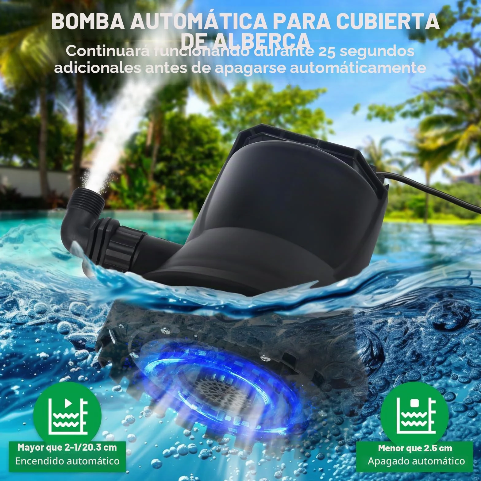 Bomba de agua sumergible de 400 W, 8000 l/h, para estanques de jardín, piscinas y sótanos, con encendido/apagado automático