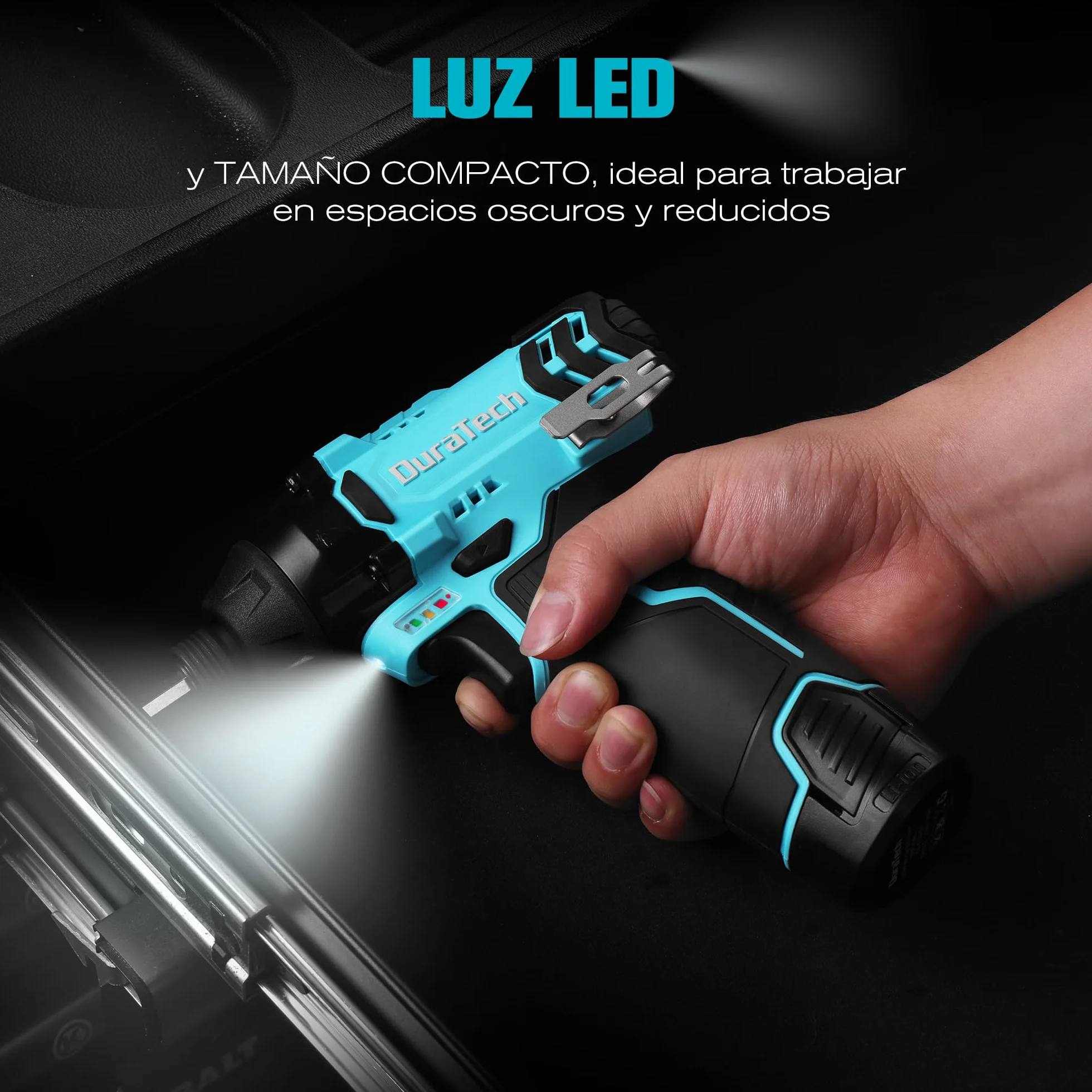 DURATECH Atornillador Impacto Inalámbrico 12V, 100Nm con Accesorios | Velocidad de 2400RPM con LED, Batería 2,0Ah, 11 Puntas y 3 Vasos para Bricolaje y Reparaciones