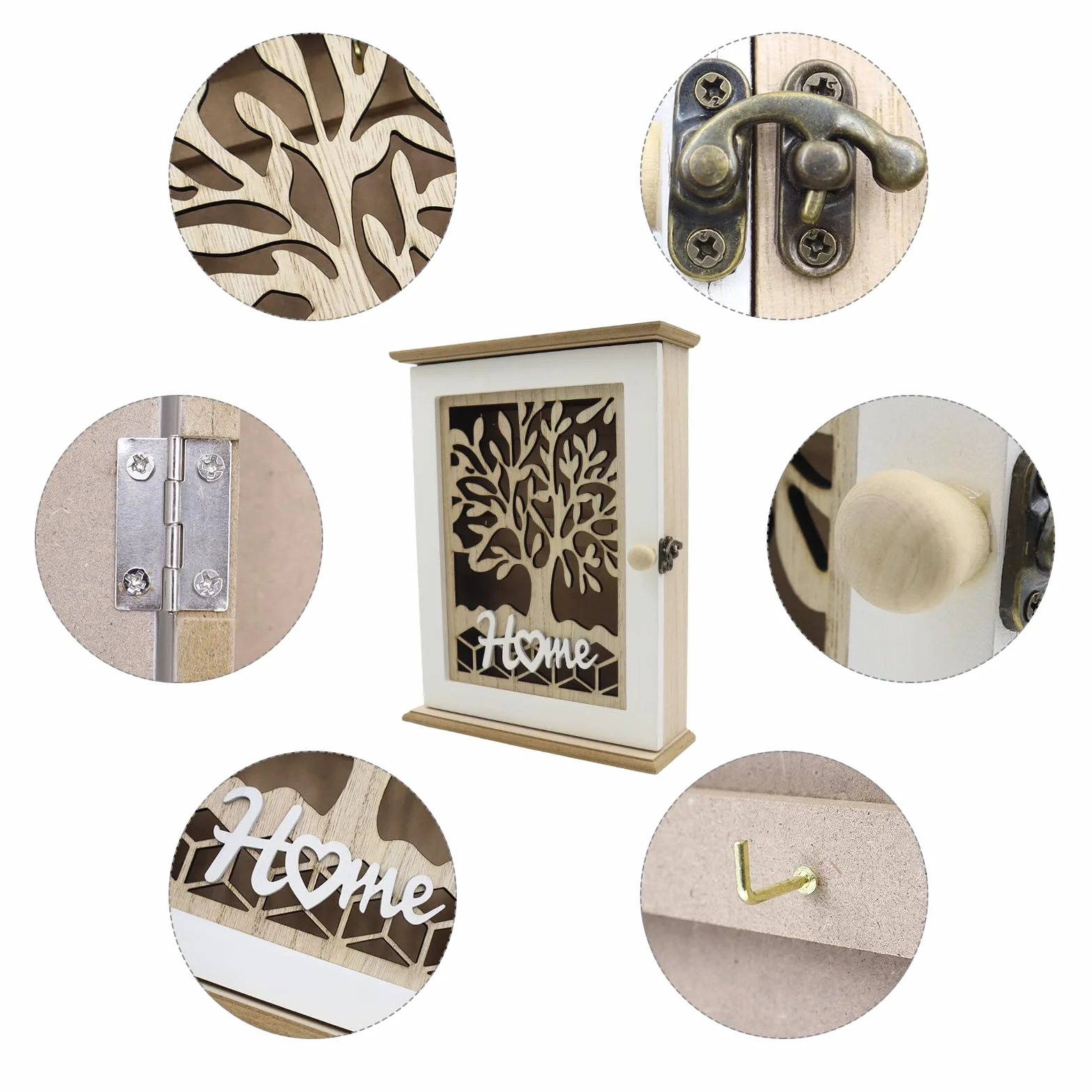 1 Pieza Caja de Madera para Llaves,Caja de Llaves Madera Decorativa,Armario Llaves con 6 Ganchos,Diseño Hueco Retro Decuada para Colocar en Puertas Garajes Oficinas (28,5x22x7cm)