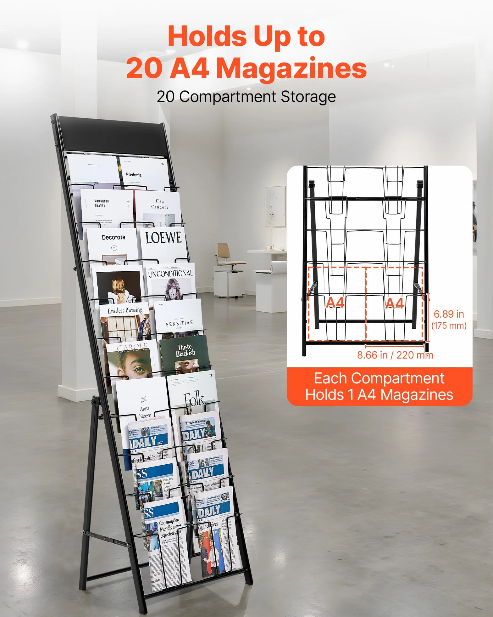 VEVOR Expositor de Revistas 20 Compartimentos, Revistero Metálico de Pie, 49 x 33,3 x 154,5 cm