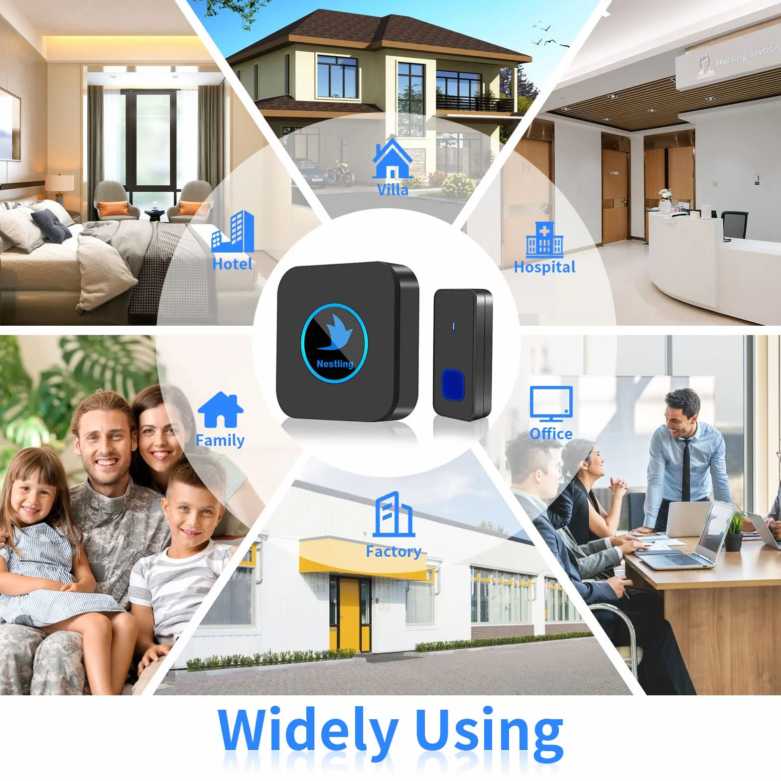 Timbre Inalámbrico Exterior Impermeable，Alcance 1000FT Impermeable IP55 Kit de Timbre Inalambrico, 55 Melodías en 5 Niveles de Volumen, Indicador LED para el Hogar Oficina Hotel de Emergencia, Negro