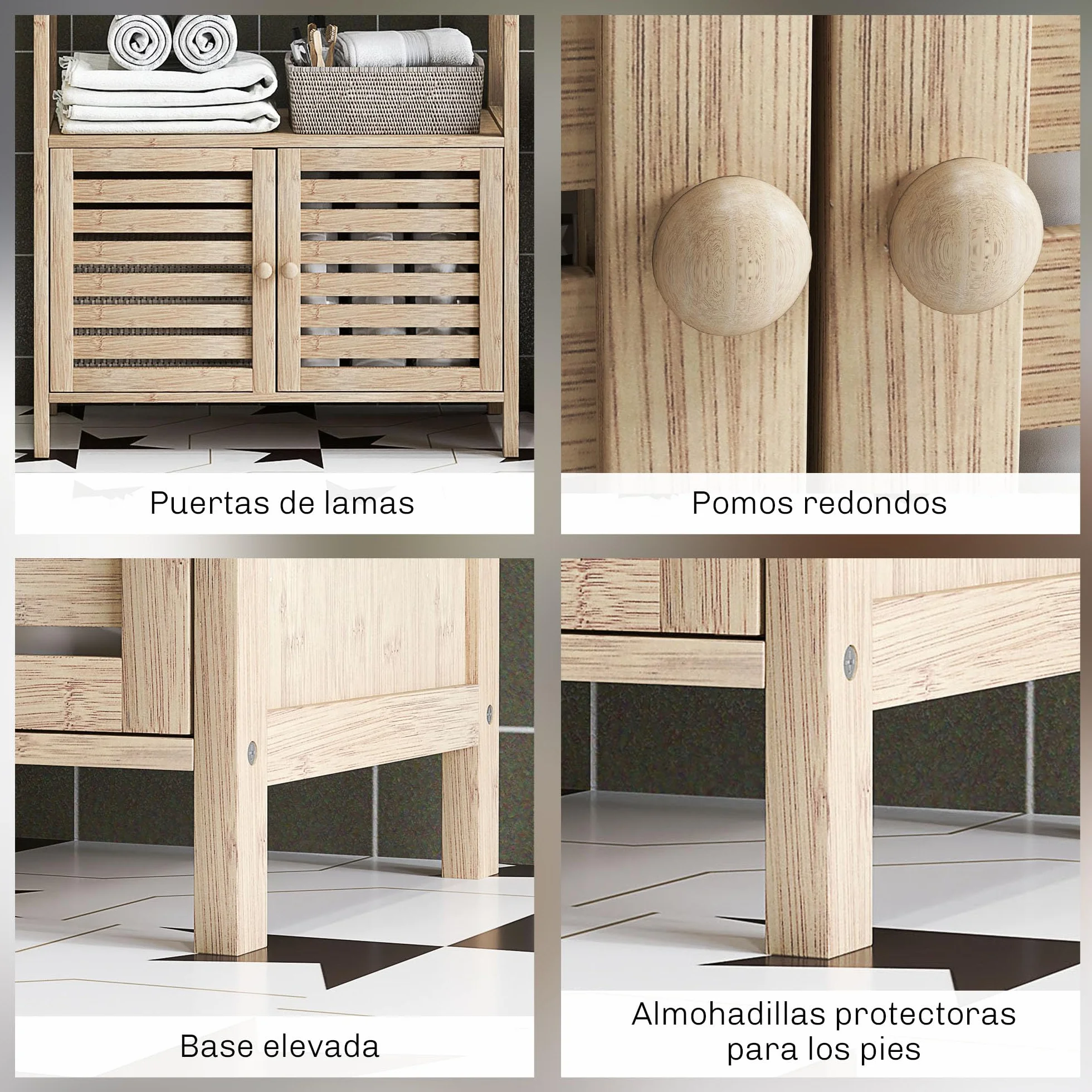 HOMCOM Estantería Baño Bambú 3 Estantes Abiertos Almacenaje Puertas Lamas 63x30x138 cm Natural Blanco