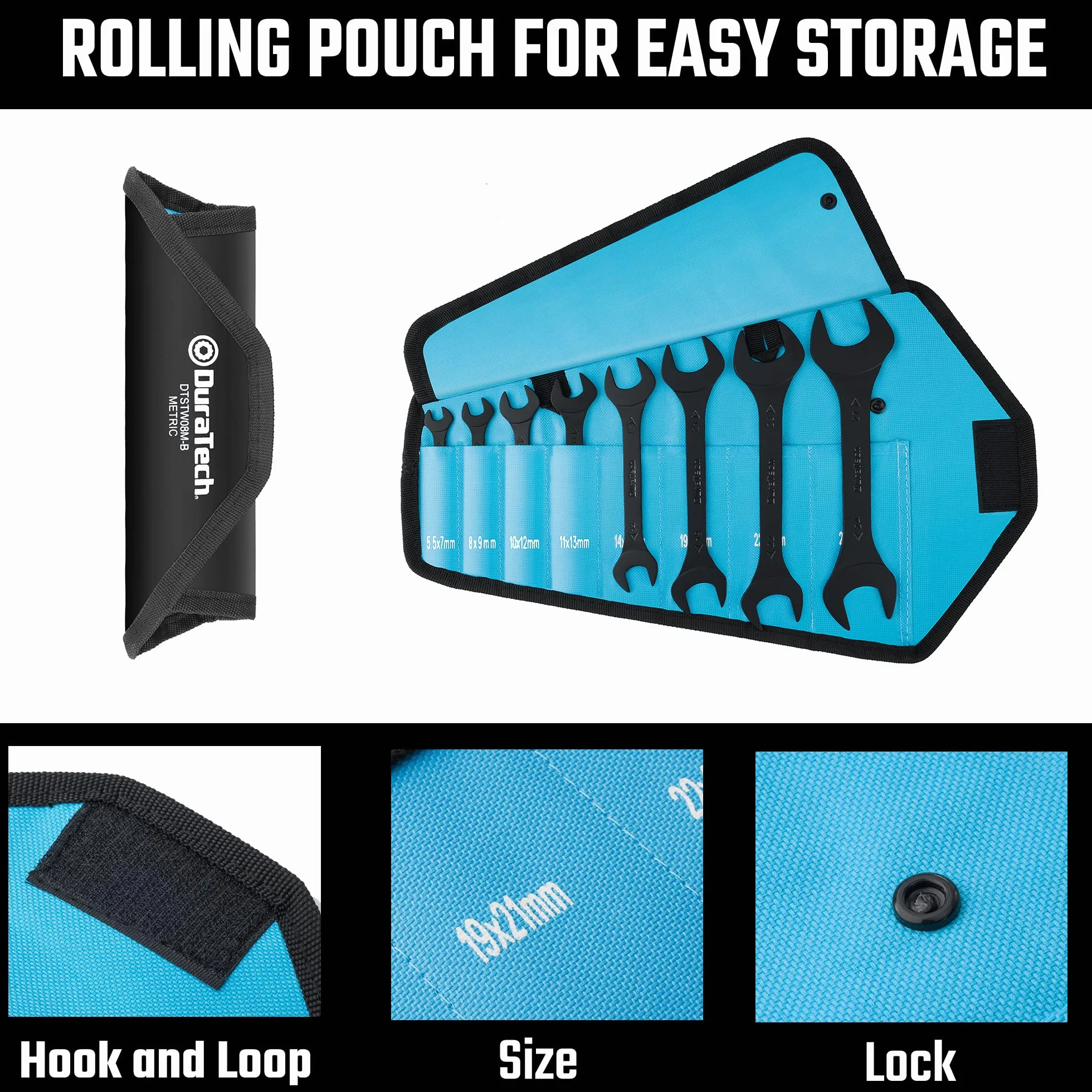 DURATECH Juego de llaves fijas dobles, 8 piezas, sistema métrico, 5,5 mm-27 mm, juego de llaves planas superfinas para espacios reducidos, recubrimiento electroforético negro, con bolsa de transporte