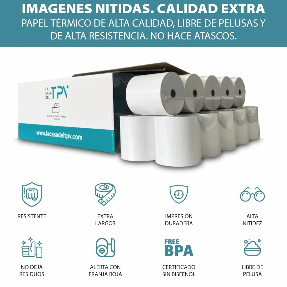 Papel Térmico 80x80 mm - 50 Rollos Papel Impresora Térmica y TPV - Hojas para Tickets - Compatible Impresora, Caja Registradora y Básculas - Sin Bisfenol A - 60 Gr - 50 Metros/Rollo - La Casa del TPV