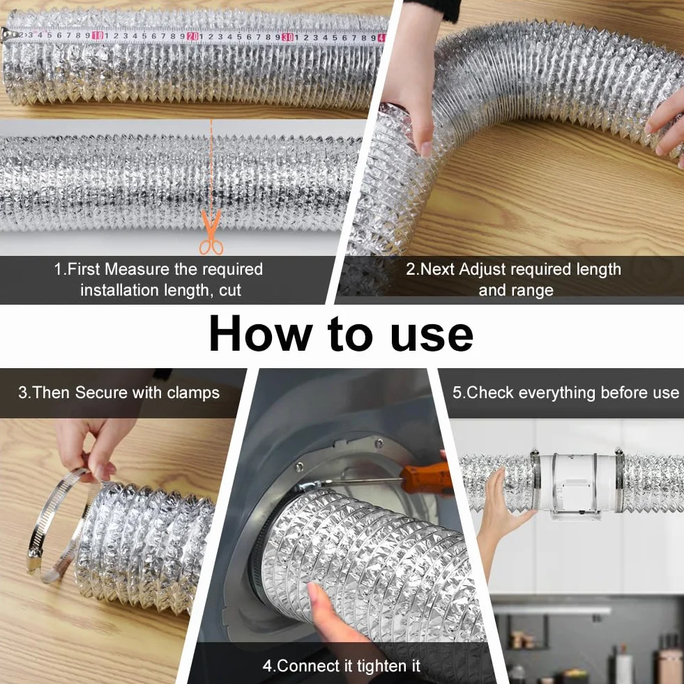 Manguera de ventilación de PVC de 100 mm,5 metros,tubo de aluminio con 2 Abrazaderas Acero Flexible di Aluminio PVC,para Kitchen,Baño,Climatización,de Ventilación Sistemas,plata