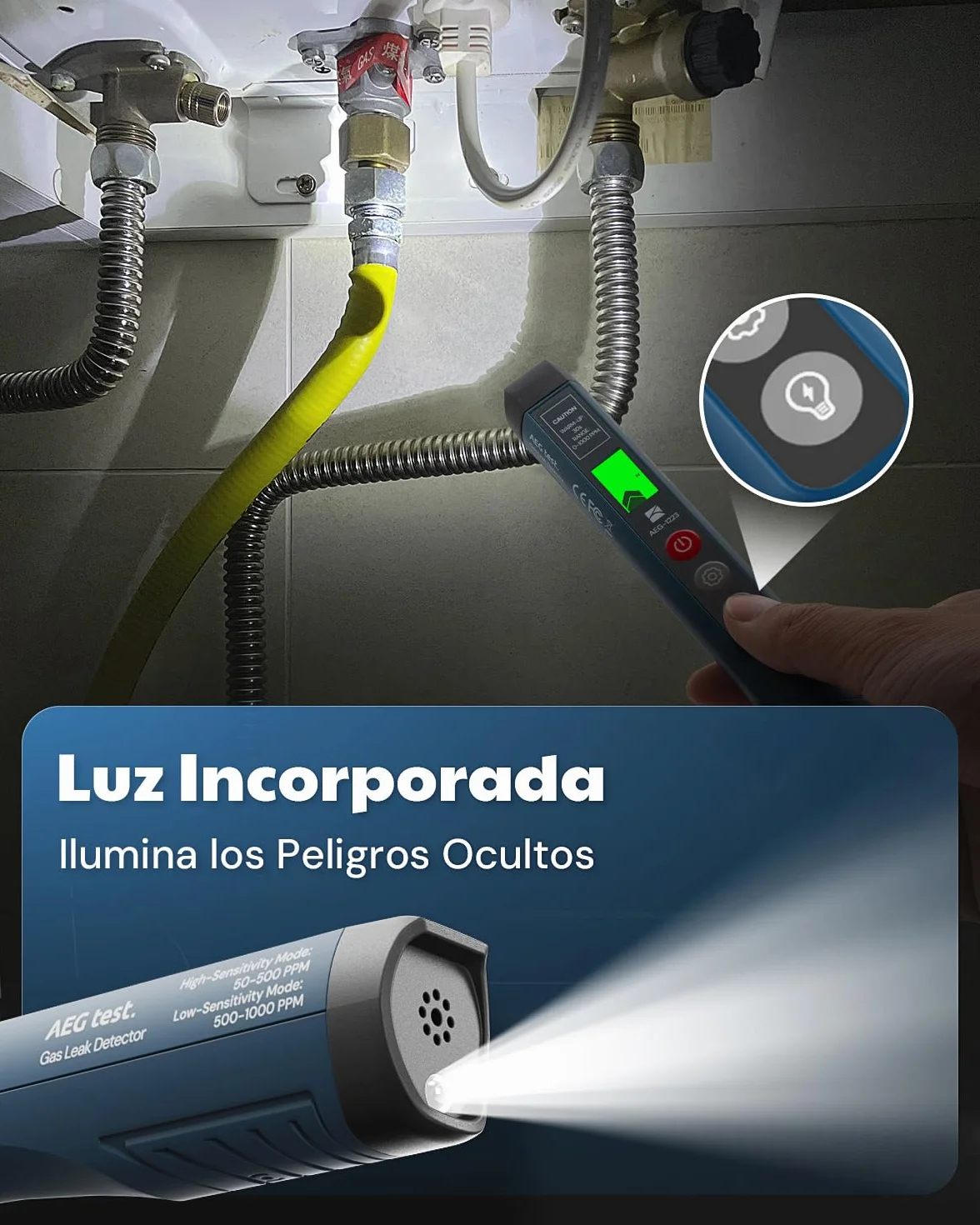 1223 Detector de Fugas de Gas con Alarma Visual y Sonora, Luz Incorporada, Detector de Gas Natural para Localizar Fugas de Gases Combustibles como Metano, Propano para el Hogar