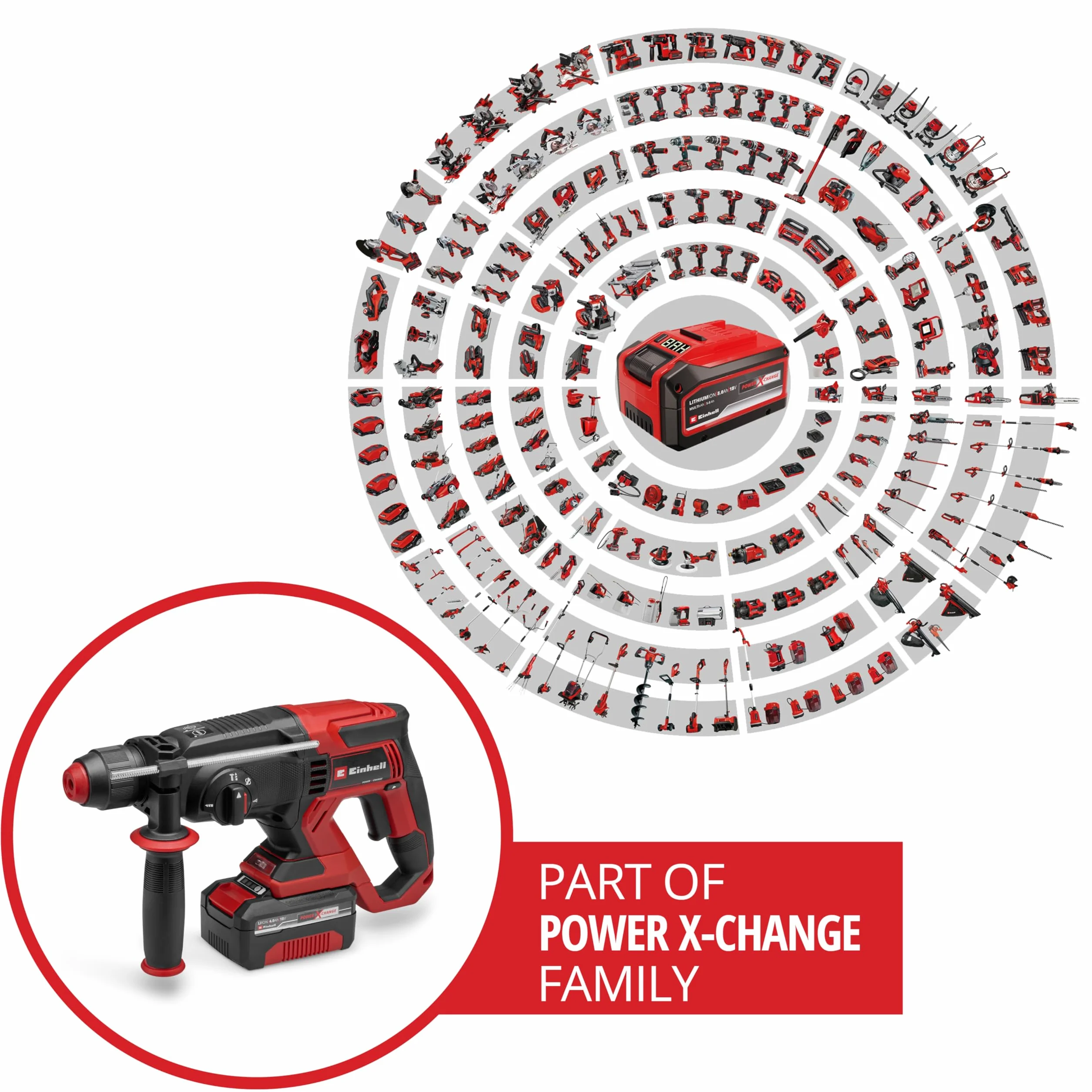 Einhell Martillo perforador con batería TE-HD 18/20 Li (1x4,0 Ah) Power X-Change (18 V, 1,8 J, SDS-plus, potencia de perforación de 20 mm en hormigón, 4 funciones, incl. batería 4,0 Ah + cargador)