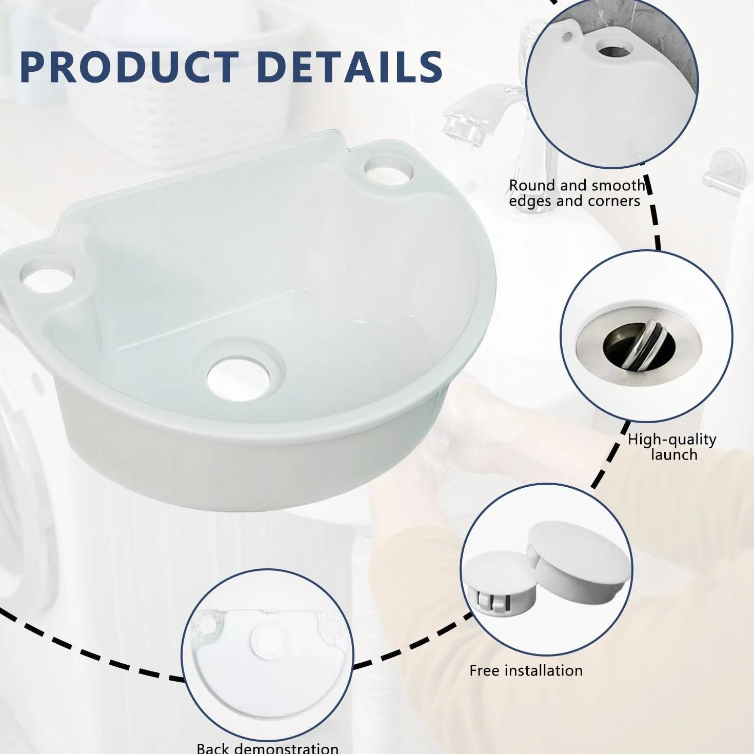 Fregadero de plástico, lavabo de camping con tubo de drenaje, paquete de tornillos, tacos y cubierta de orificios, fregadero semicircular curvado para inodoro, camping, caravanas, sótanos, jardines