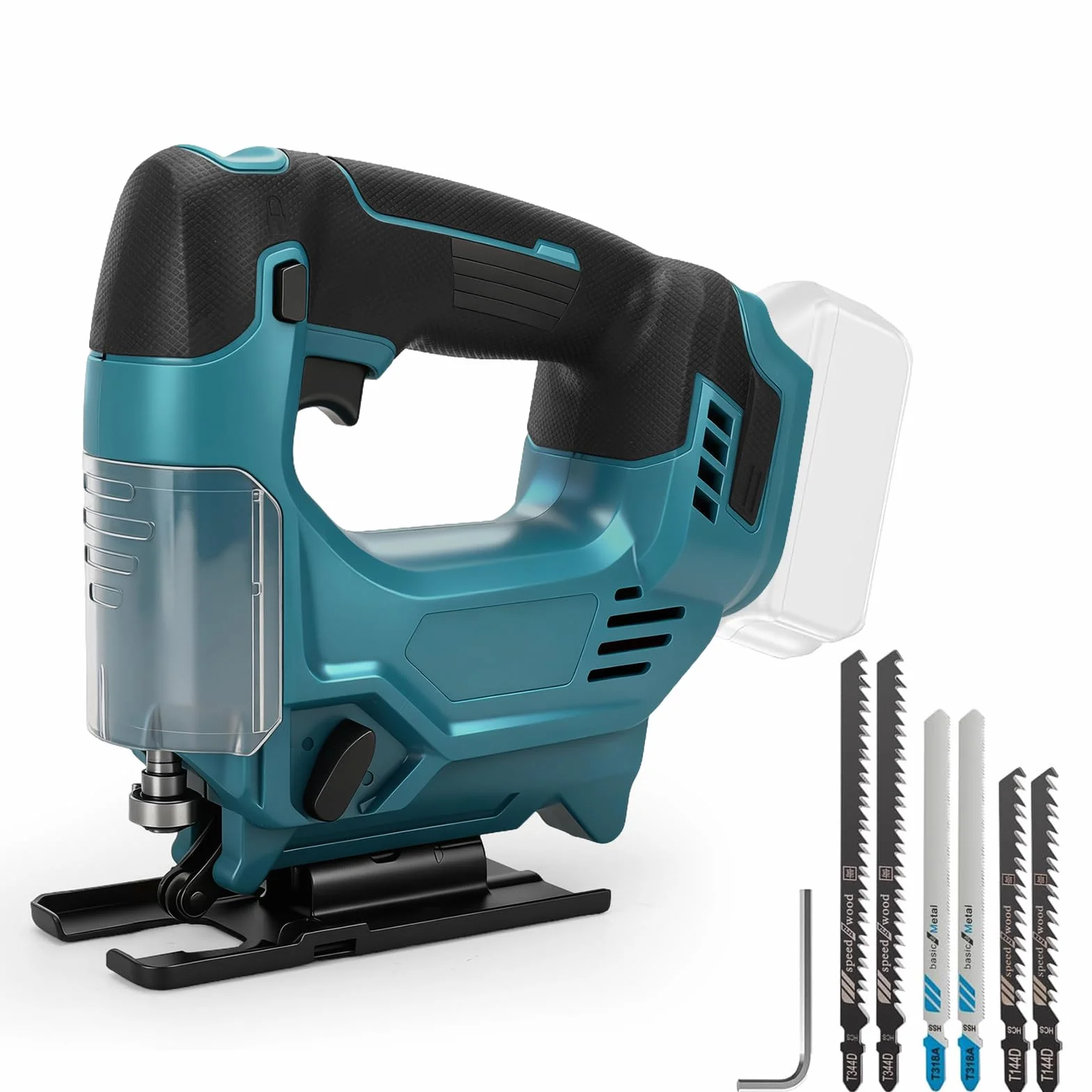 Roadtime Sierra de calar inalámbrica de 420 W para batería Makita de 18 V (sin baterías), motor sin escobillas 800-3500 RPM, ángulo de biselado máximo de 45°, carrera de corte de 26 mm, 6 cuchillas