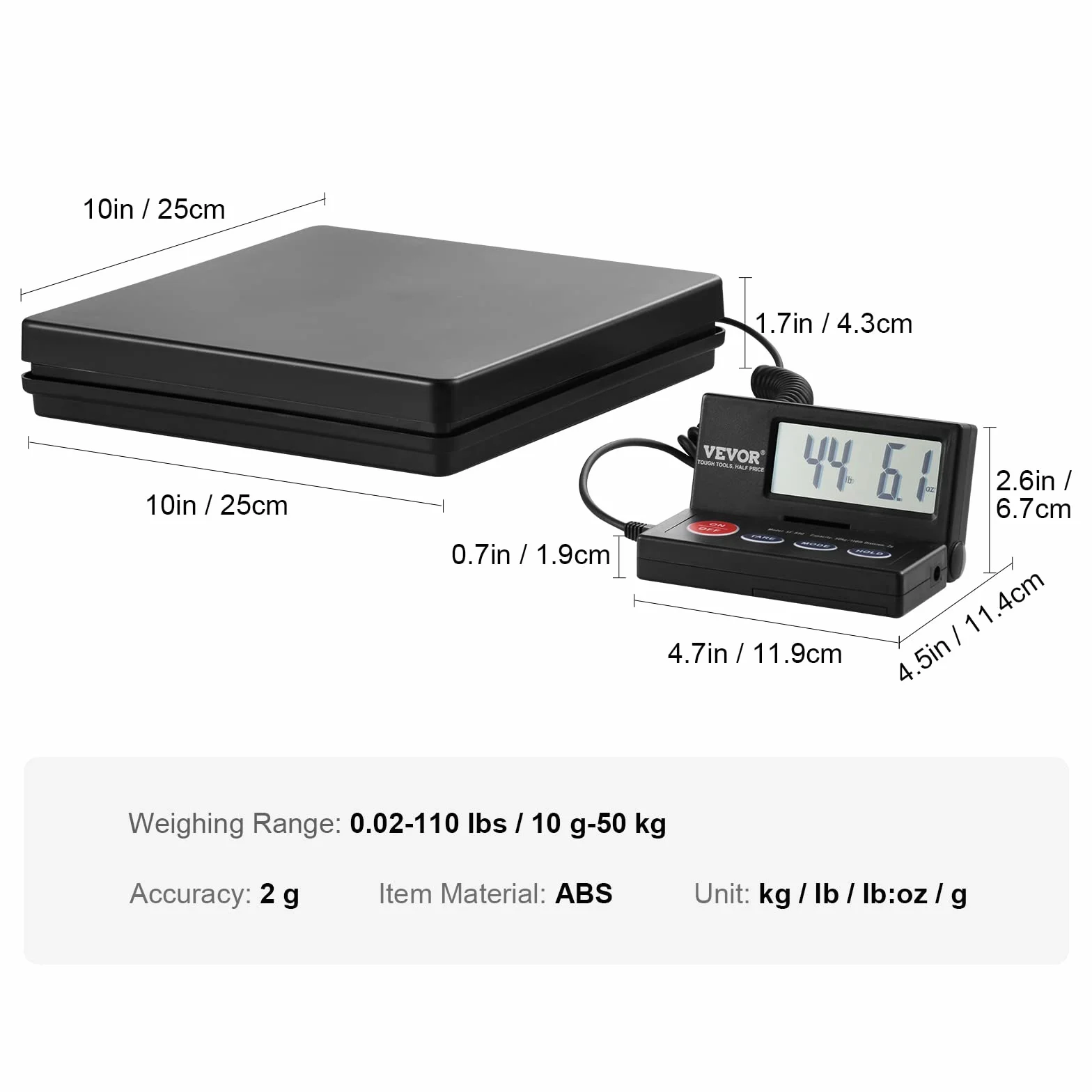 VEVOR Balanza Digital para Envíos 10g-50kg Báscula de Paquetes Precisión 2g Pantalla LCD Plegable 90° Alimentada por CA/CC Certificado FCC