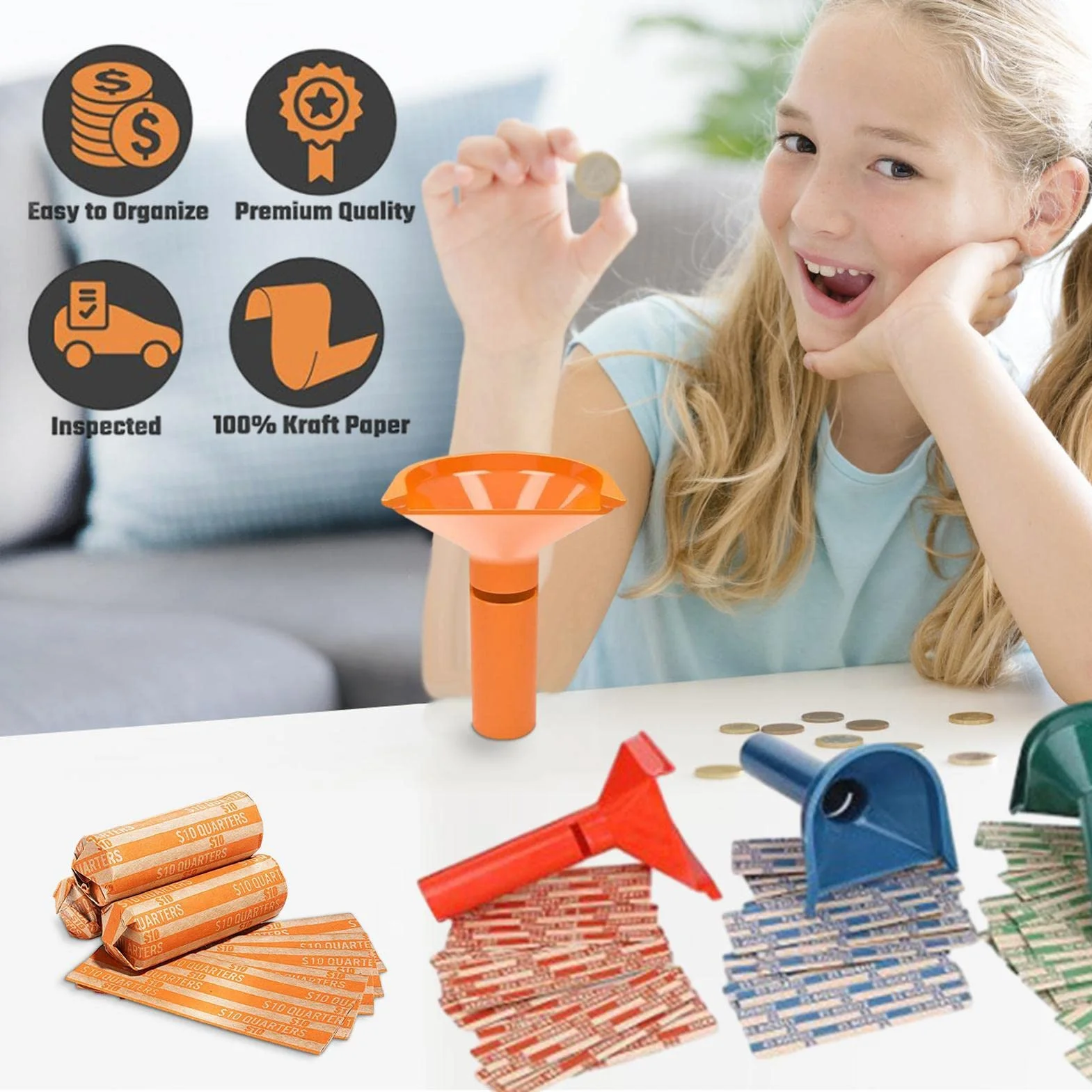 Easy Wrap Tubos para Monedas - Contador y Envoltorios para Rollos Monedas - 4 Tubos y Envolturas Surtidas para Níquel, Diez Centavos, Centavos, Cuarto