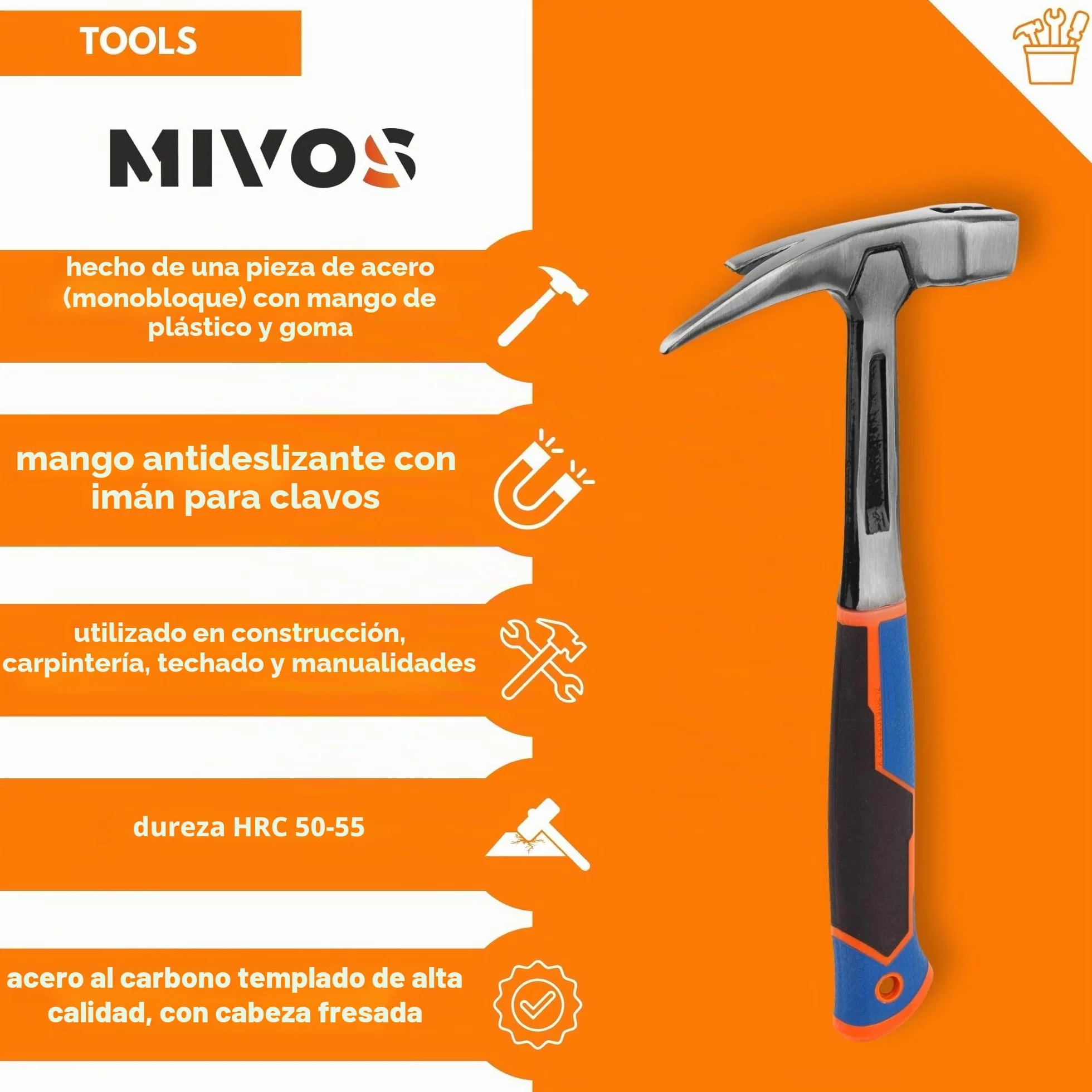 Mivos Martillo de carpintero de 600 g de peso de la cabeza – acero forjado – Martillo de garra con mango antivibración – Martillo de carpintero con soporte magnético para clavos – martillo de acero