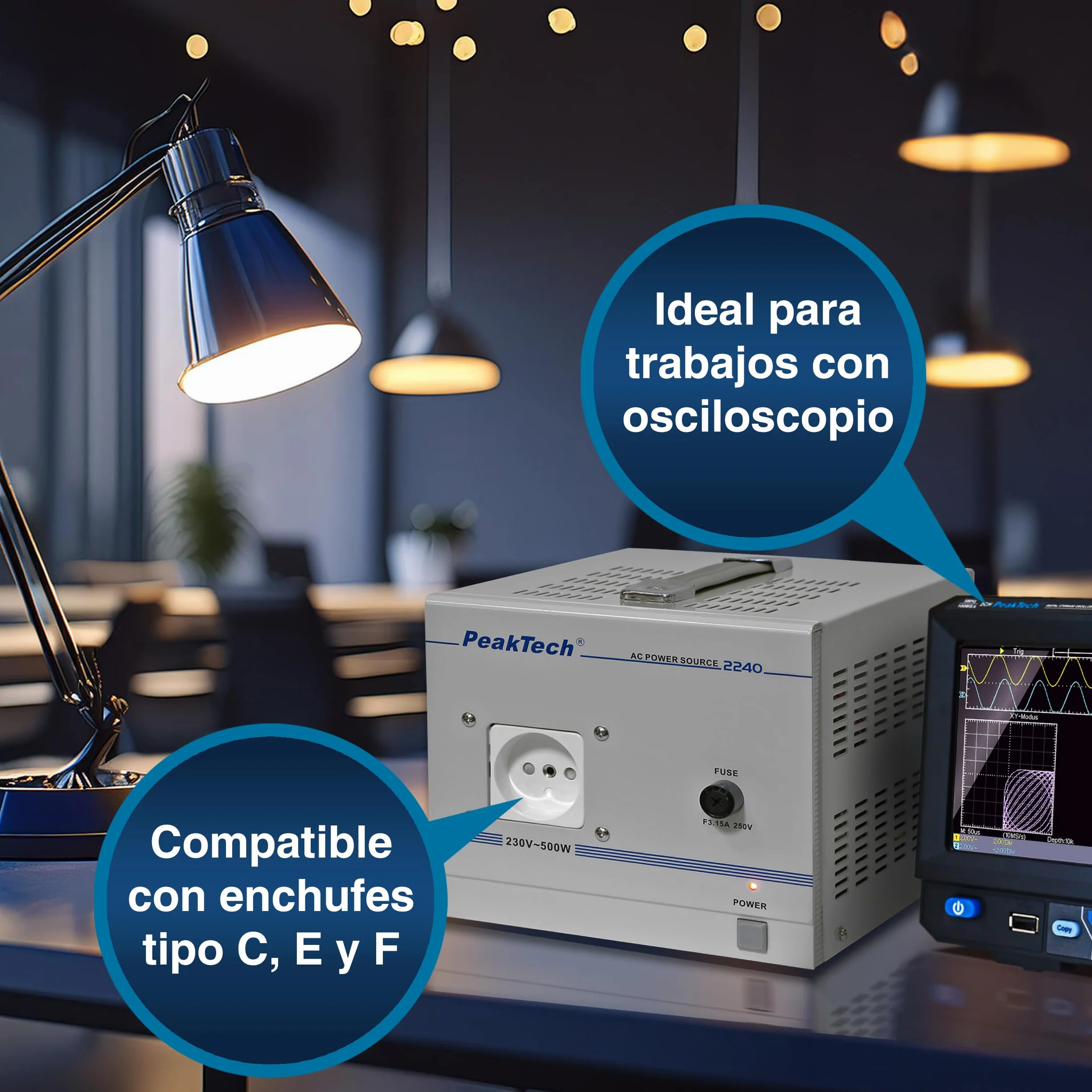 PeakTech 2240 - Transformador de Aislamiento, Dispositivo de Medición, Toroidal, Galvánico, Clase de Protección 1, Uso Móvil, Voltaje de Entrada 230 V, Potencia de Salida 500 W - 160 x 125 x 235 mm
