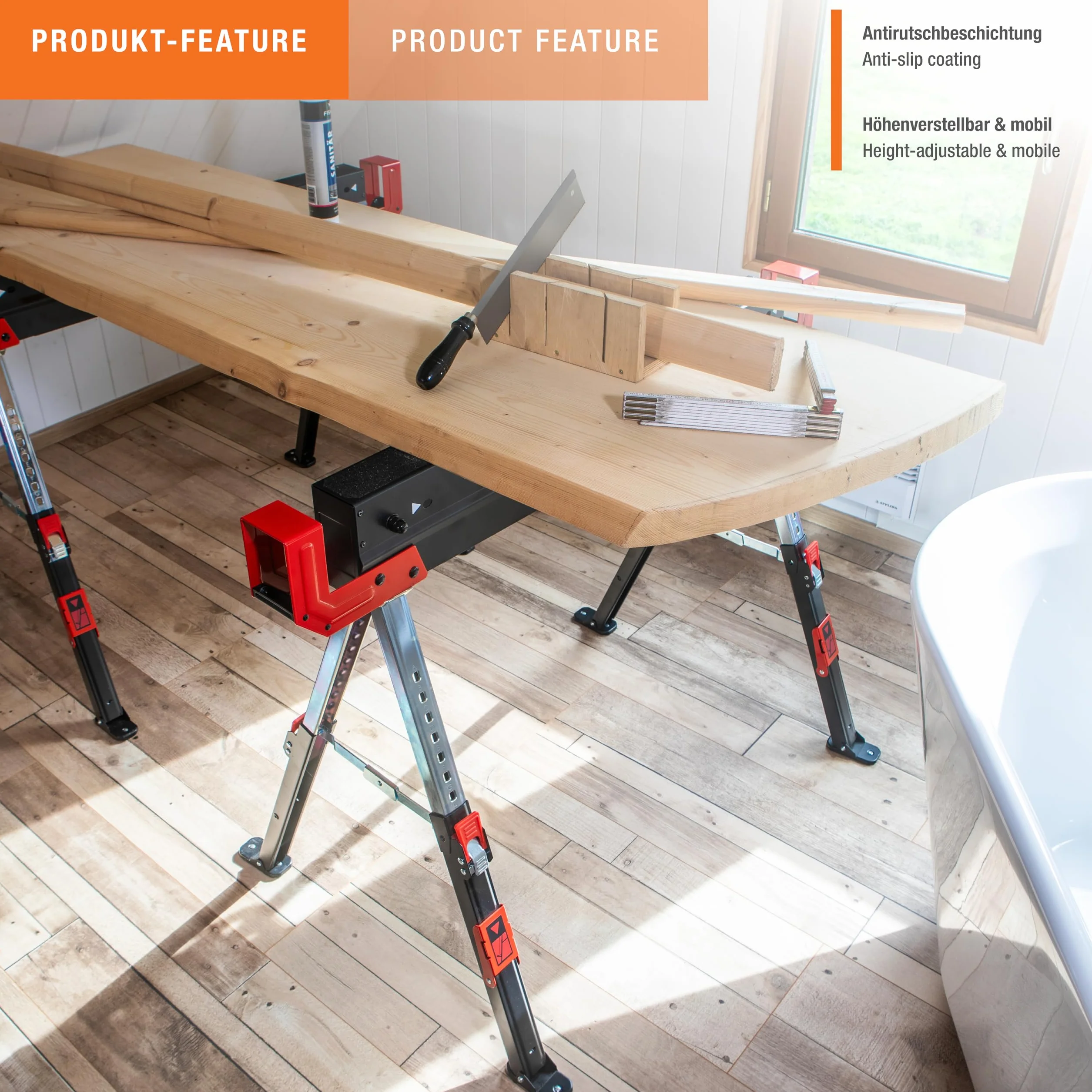Meister 5258220 - Caballete plegable (300 kg, con asa, con superficie antideslizante, altura regulable de 52 a 81 cm, caballete con soporte antideslizante)
