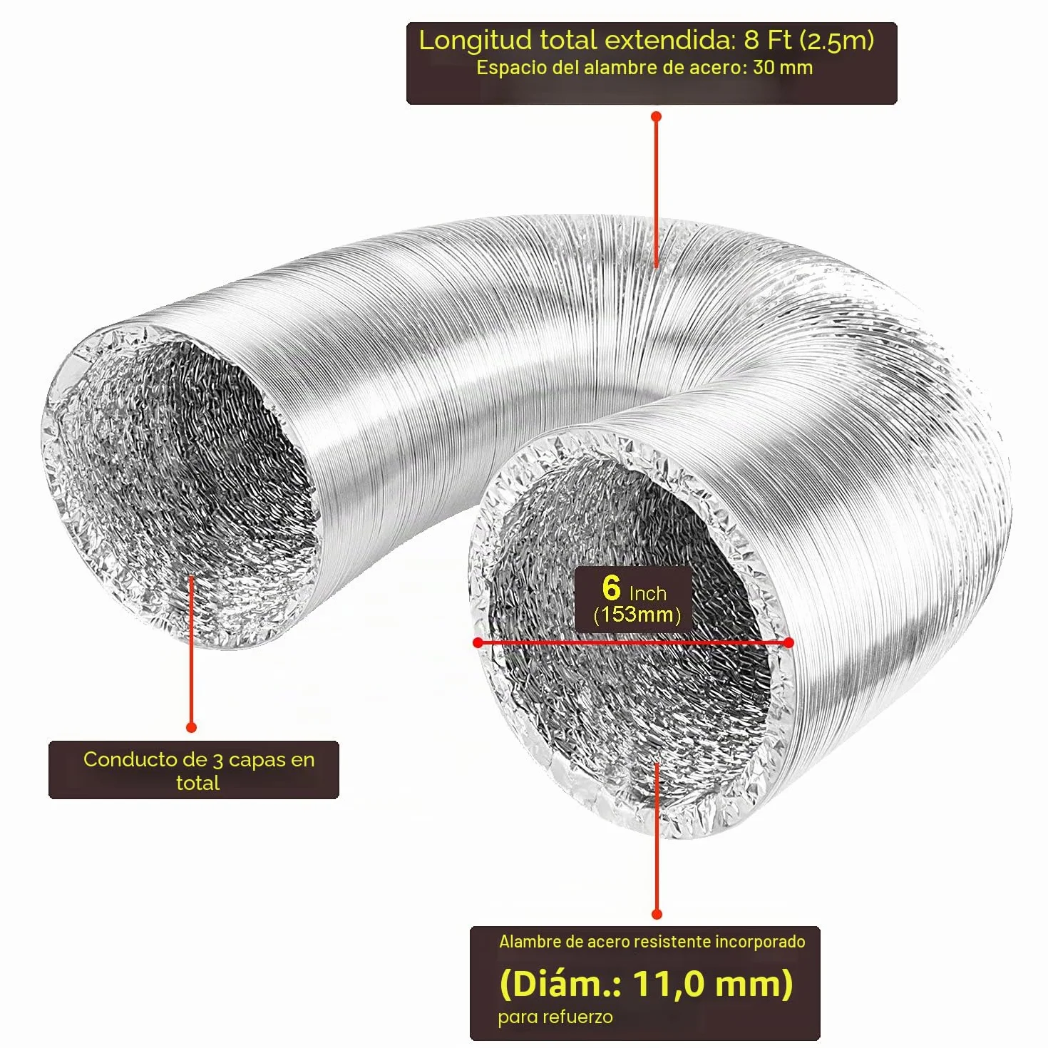 Tubo Flexible de Aluminio Ø153mm, Longitud 2.5m para Conducto de Aire de Ventilación Sistemas con 2 Abrazaderas de Acero