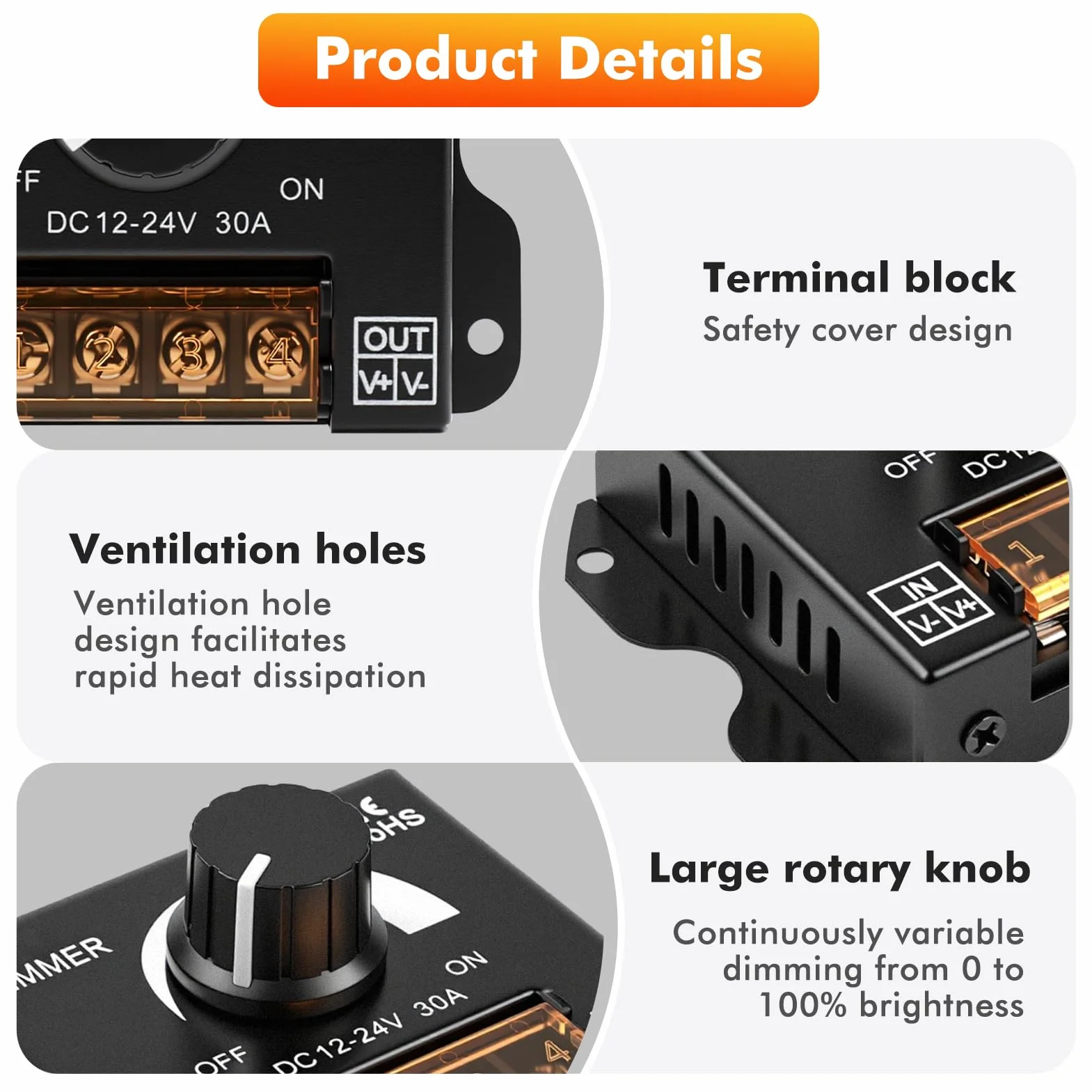 Controlador dimmer led DC12V-24V 30A PWM Dimming interruptor regulador de intensidad led con mando giratorio de ajuste de brillo Apto para tiras de luces LED