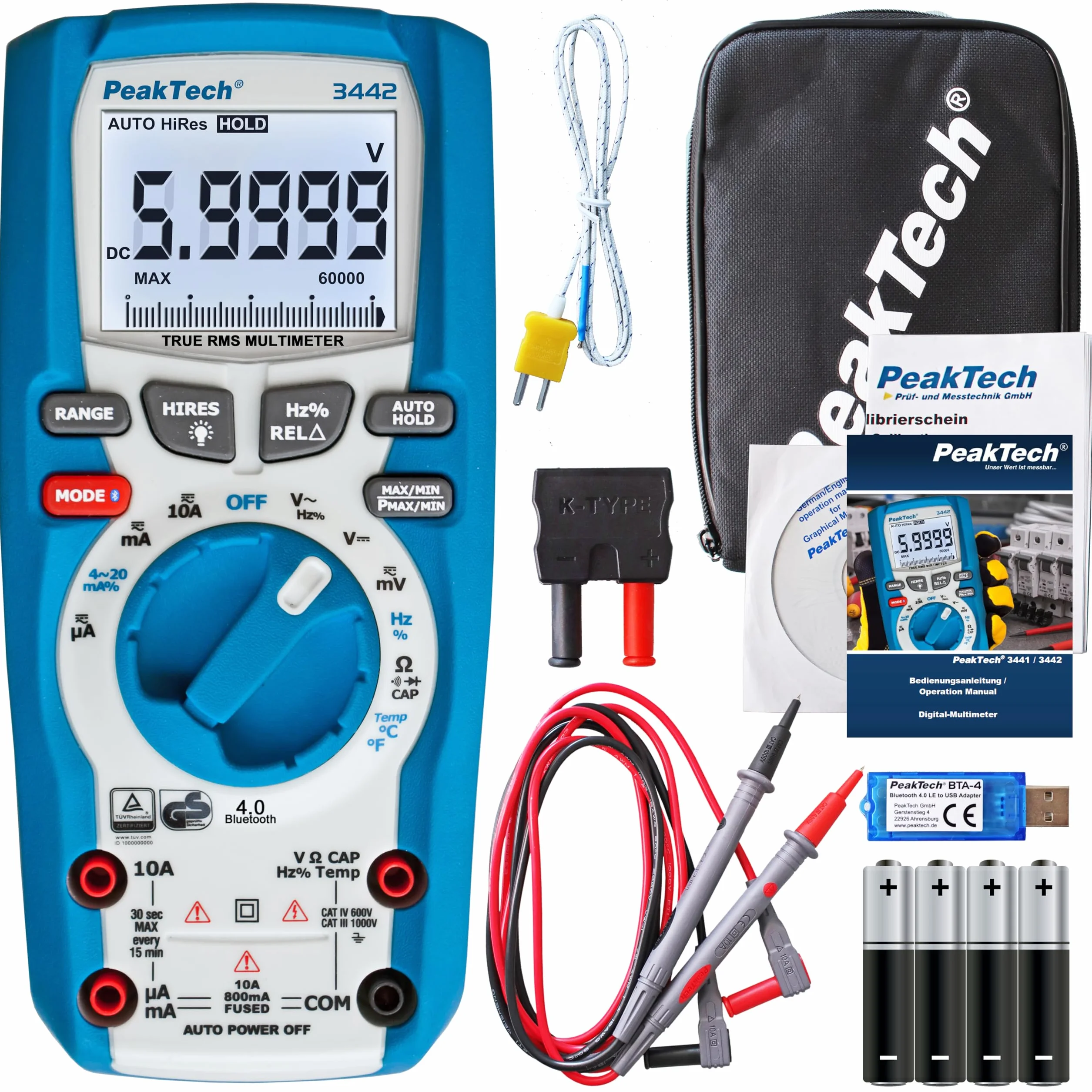 PeakTech 3442 - Multímetro Digital Rms con 60,000 Recuentos y Bluetooth 4.0, Multímetro Mano Profesional, Retención Automática, Tuv/Gs, Medidor Voltaje, Probador Continuidad - Cat III 1000V