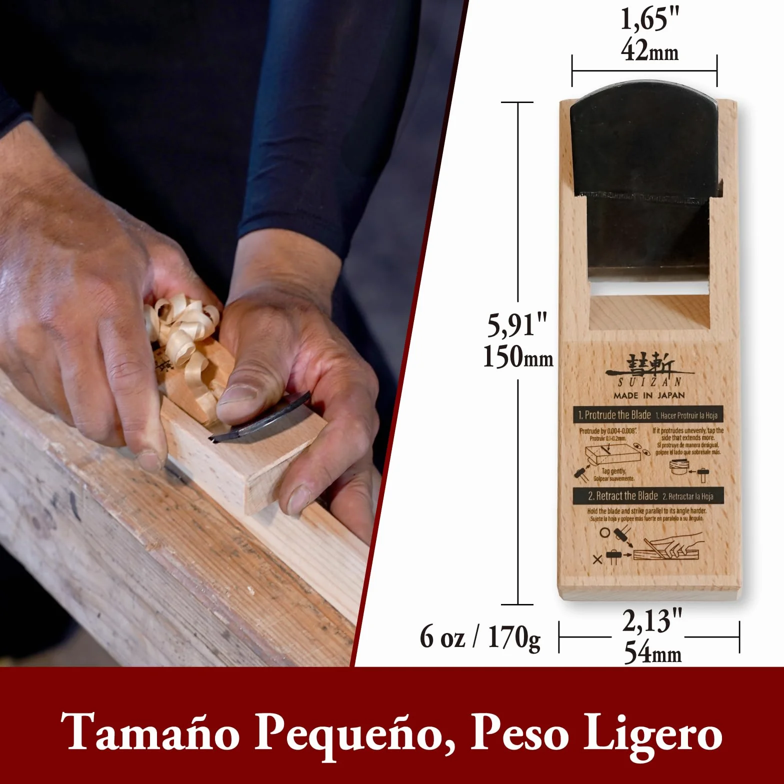 SUIZAN Kanna Cepillo manual japonés 42mm - Herramientas profesionales de carpintería para la madera