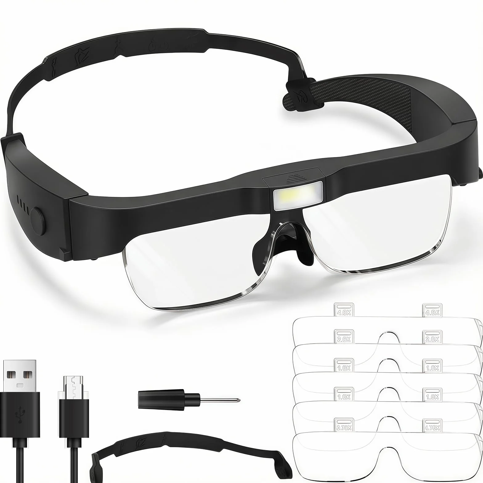 Gafas Lupas con Luz 3 Led para Manualidades, 0,75X 1.0X 1.5X 2.5X 4.0X con 5 Lentes, Recargables, Ajustable para Leer, Reparaciones, Coser, Joyería (Negras)
