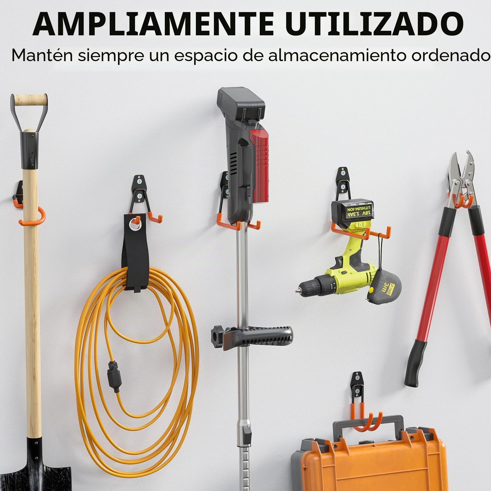 BONTEC Ganchos De Garaje Pesados, Set 18 Ganchos Antideslizantes, Acero Reforzado, Carga 502 KG, U y S Soporte Bicicleta, Organizador Herramientas, Colgador Pared Multiusos, Naranja