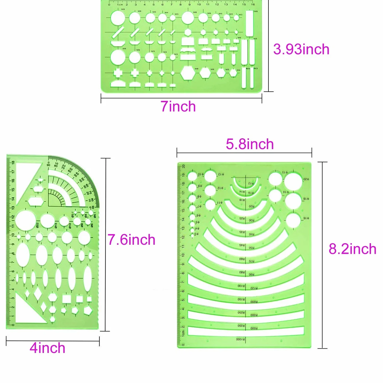 Juego de 9 plantillas de dibujo geométricas, elipses y círculos, reglas de medición verde claro para dibujo digital oficina escuela