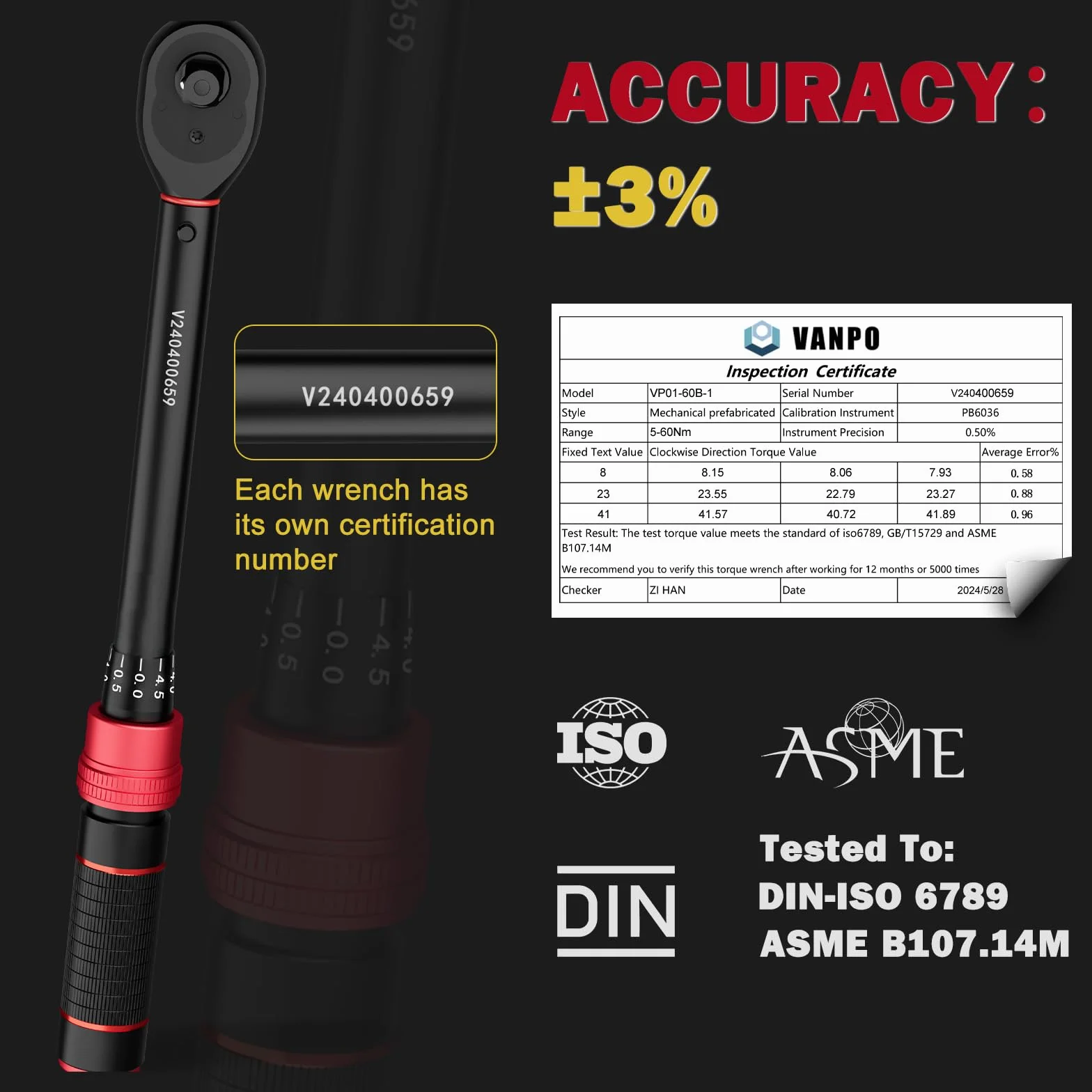 VANPO 3/8" Llave Dinamométrica 5-60Nm, 72 Dientes Bicicleta y Moto Llave Dinamométrica Set 3 Piezas con Barra de Extensión de 125cm, 3/8"-1/4" Adaptador, para Reemplazo de Bujía