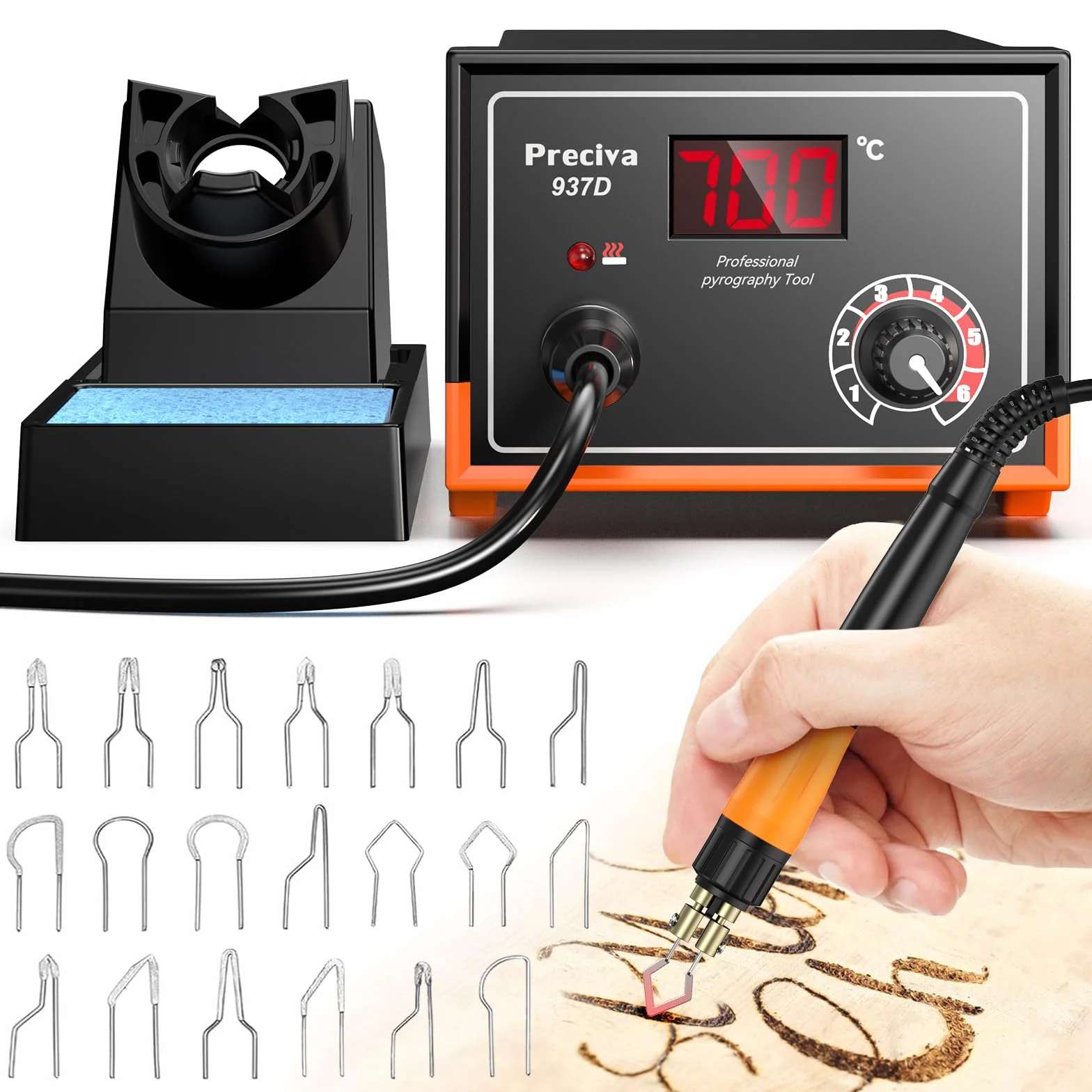 Preciva Pirograbador de Madera 25W 250-700°C con Pantalla Digital, Temperatura Ajustable, 20 Puntas Intercambiables, Estación de Pirograbado, Pirografo para Madera, para Madera y Cuero DIY