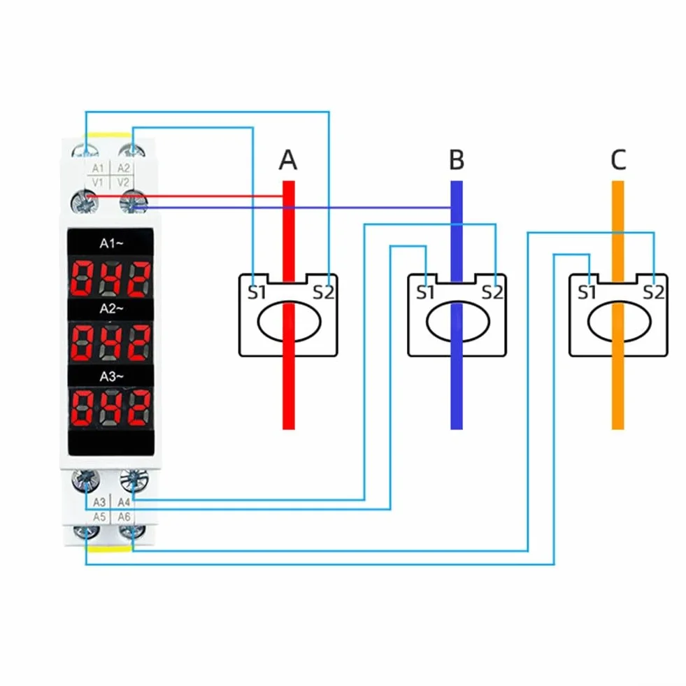 Amperímetro trifásico, pantalla trifásica de 3 dígitos, Mini Din 35mm Rail Pantalla Digital Indicador de medidor de corriente modular trifásico