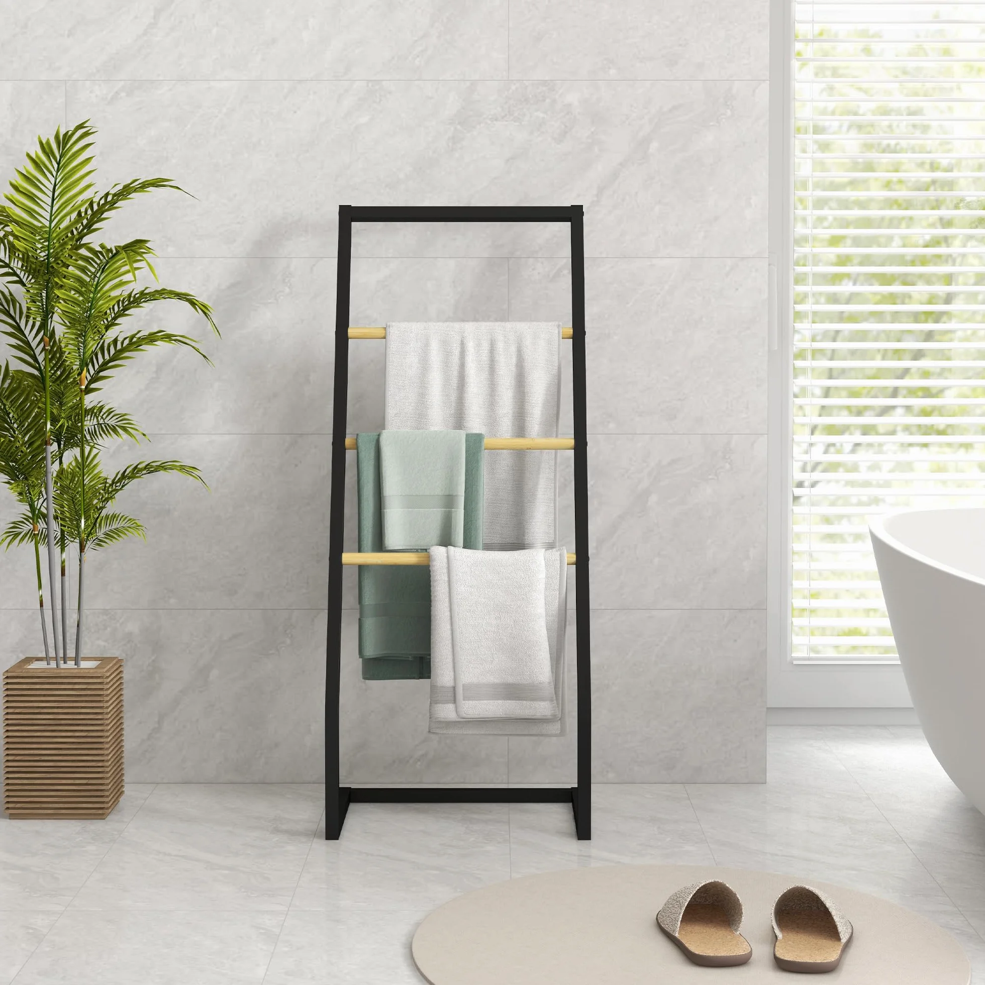 HOMCOM Toallero de Pie Toallero para Baño con 4 Barras de Bambú y Acero para Lavadero 40,5x28x98 cm Negro y Natural