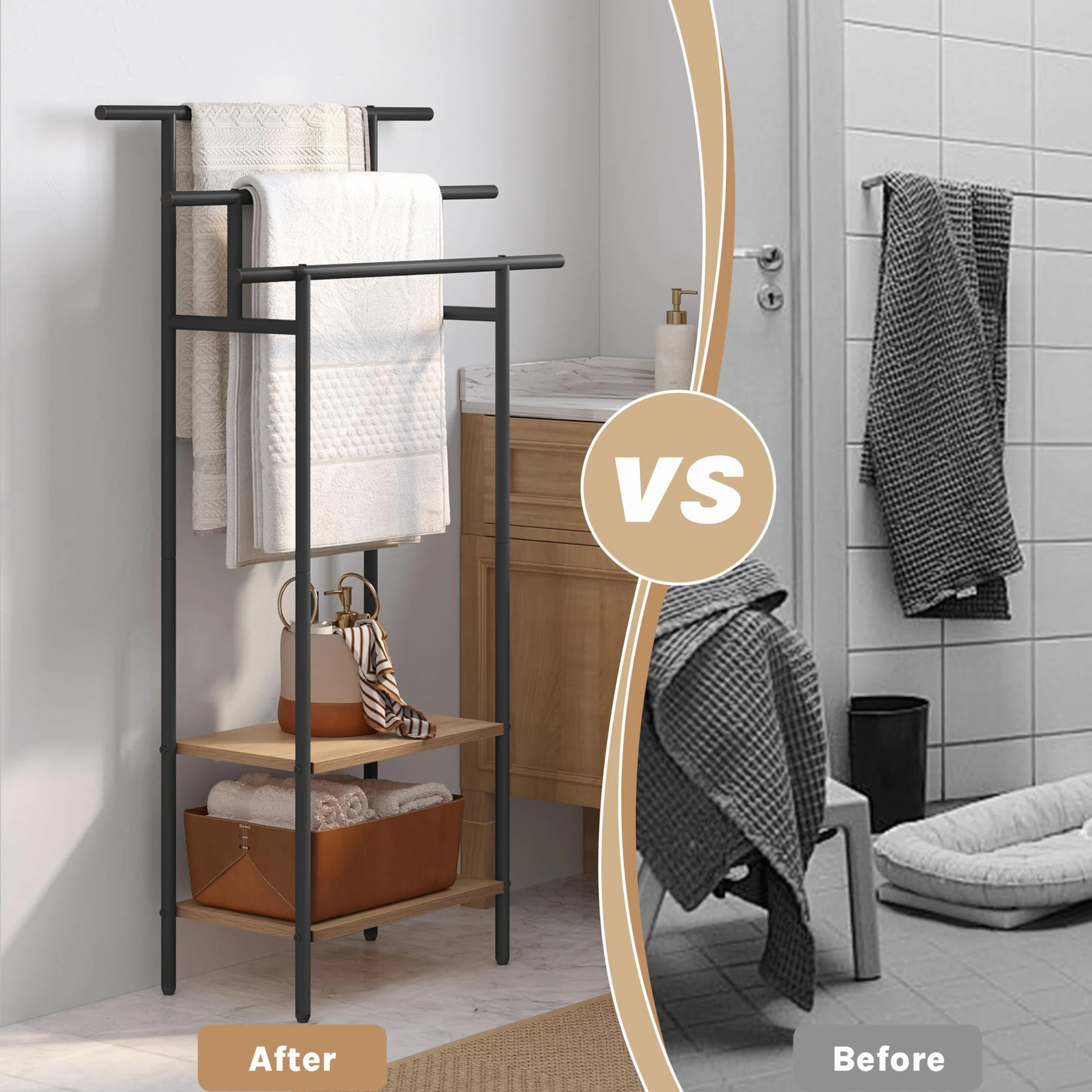 EUGAD Toallero de Baño de Pie, Soporte Toallas con 3 Barras y 2 Estantes, Gran Espacio de Almacenamiento, Toallero Escalera de Madera y Metal, Negro+Roble Claro