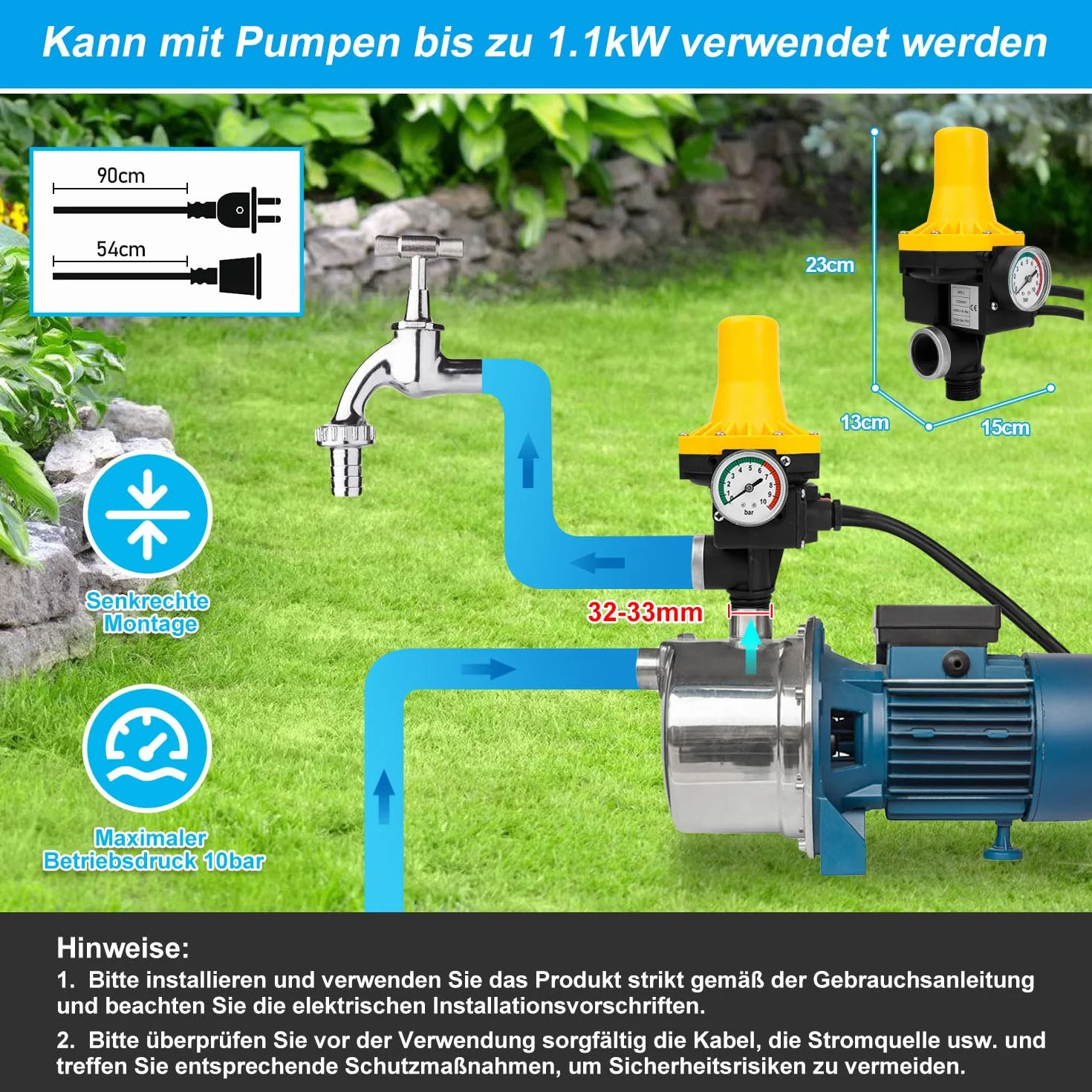 Control electrónico de bomba 1100W 9000 l/h - Presostato para agua - Controlador de presión de 10 bar con cable - Interruptor de presión IP65 para bombas de agua - Supervisa el flujo de agua