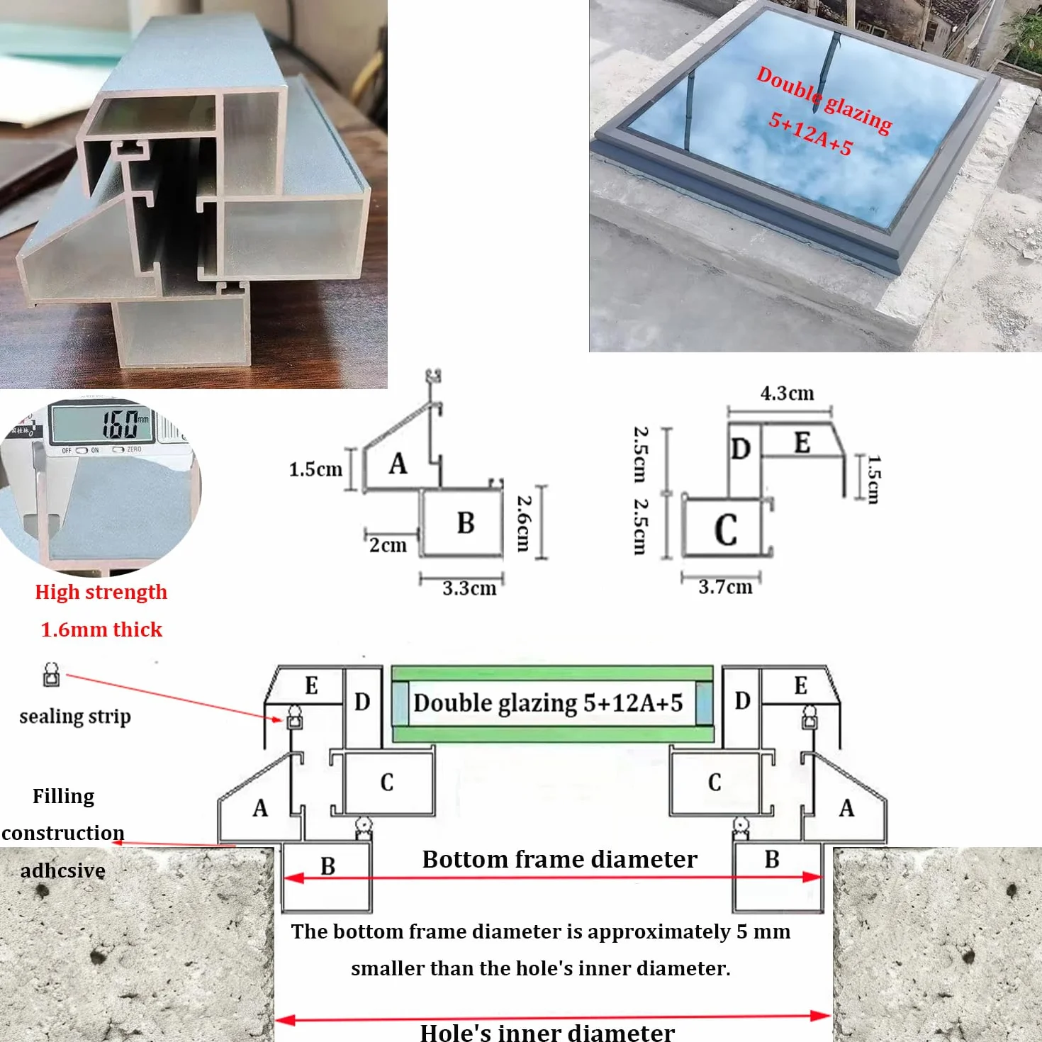 Resistente a la Lluvia aleación de Aluminio Claraboya Techo,Sótanos escotilla Acceso Techo con acristalamiento,para azoteas, áticos, sótanos,Gris,60×60cm