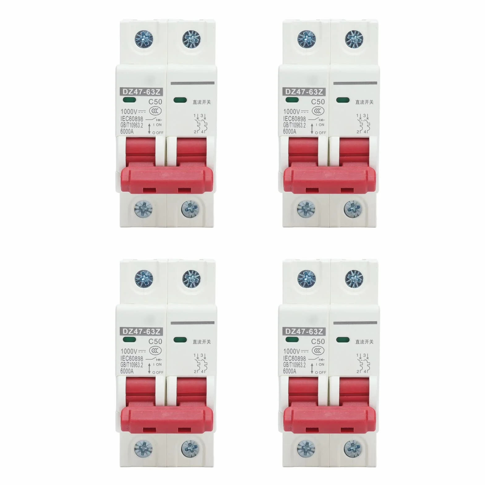 4 Uds DC 1000V Disyuntor, 20A 2P Interruptor Automático Miniatura, Montaje Carril DIN de 35mm de Disyuntores Protección Contra Sobrecargas Interruptor Aire Seguridad para Iluminación