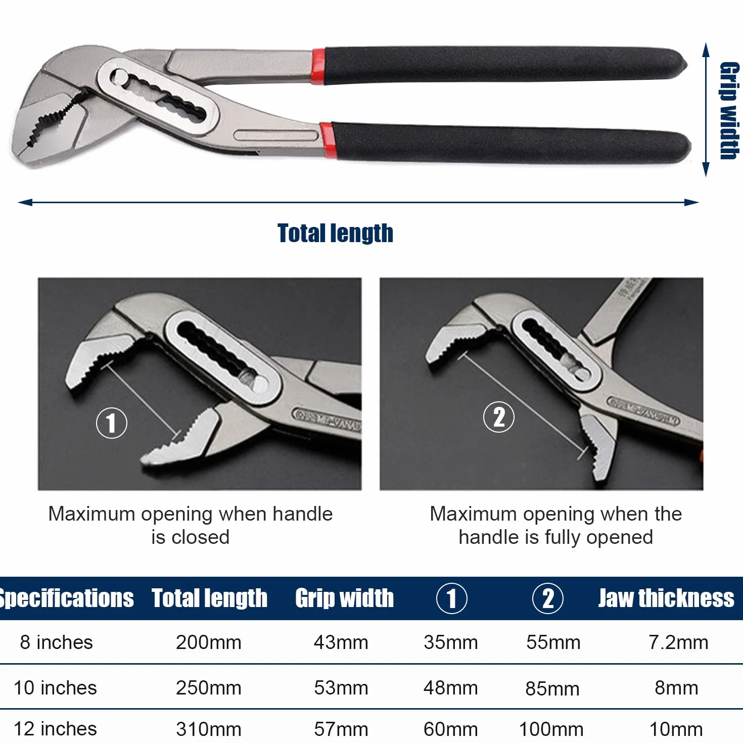 3 piezas Juego de Alicates de Bomba 200/250/300 mm, Alicates Pico Loro, Ajustable en 7 Posiciones, Alicates Extensibles, para Bombas, Reparación de Tuberías(8/10/12 inch)