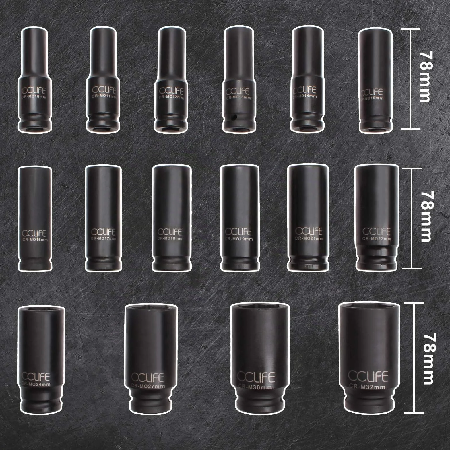 CCLIFE Juego de 16 piezas Llaves de Vaso Impacto 1/2" Vasos de Impacto Largos Cr-Mo 10-32mm
