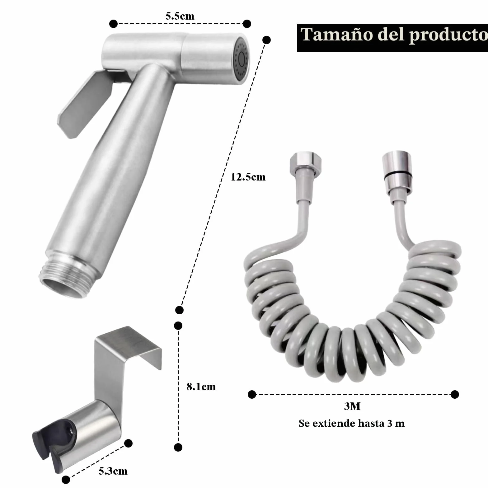 Rociador de Bidé de Inoxidable con Manguera de 3M para WC Plateado
