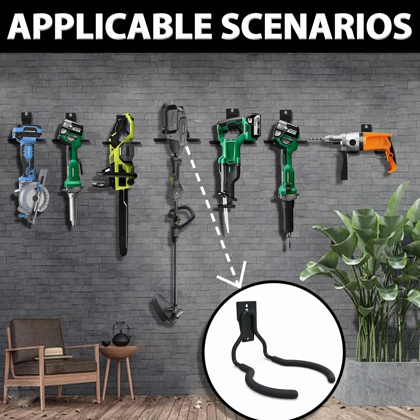 3-H Percha para Herramientas Eléctricas Jardín Acero Ino 8 Piezas, Gancho Pared Garaje 50KG Carga Soporte Pared para Desbrozadoras Tornillo Fuerte Antideslizante para Motosierra,Cortacéspedes,Garaje