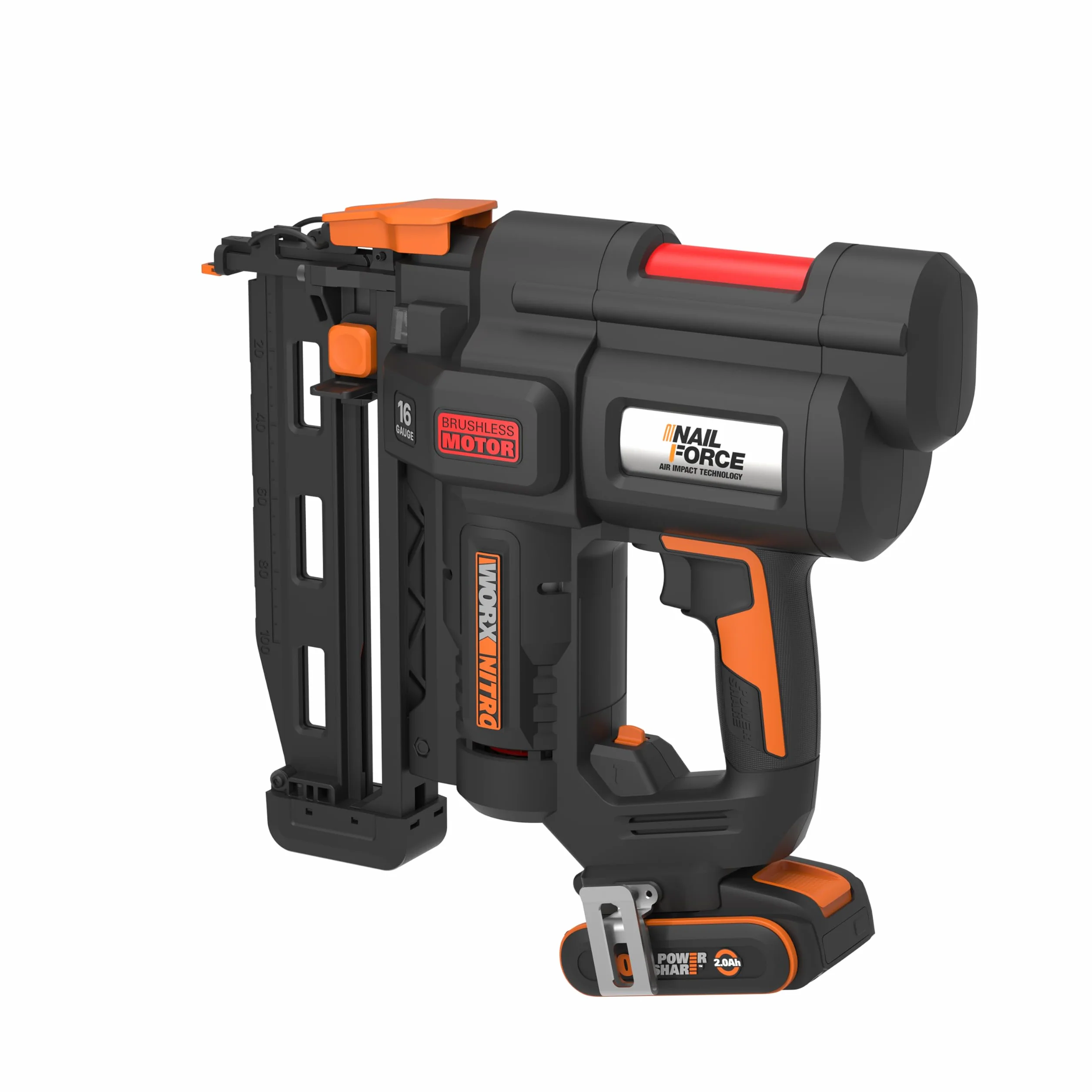 WORX WX841 Nitro – Clavadora eléctrica inalámbrica 20 V – 2 Ah – Tire hasta 80 clavos por minuto – Hasta 64 mm en la madera – Desbloqueo sin herramientas – (incluye batería y cargador| 200 clavos