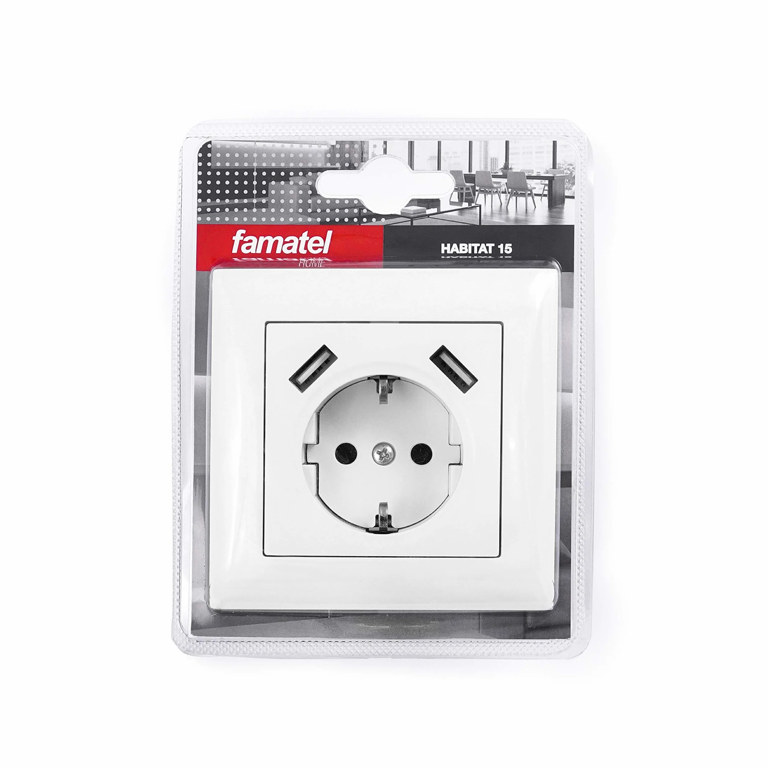 FAMATEL – Base + 2USB | Enchufe de empotrar | Serie Habitat 15 | Fácil instalación | Alta estanqueidad del producto | Protección Infantil | TT | 16A | 250V | Blanco