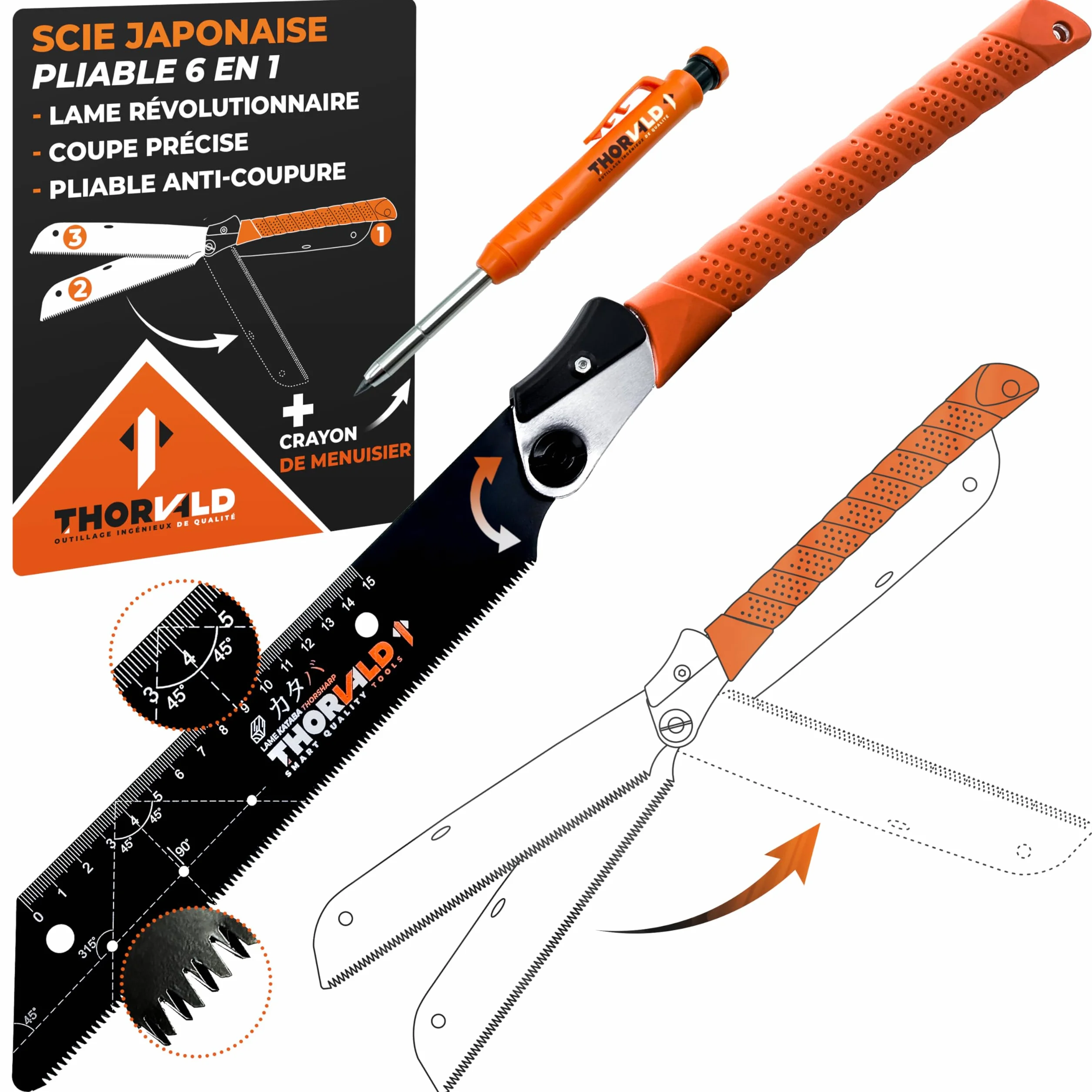 Sierra japonesa plegable (23 cm, incluye marcador de agujeros profundos, sierra de mano profesional de alta precisión, sierra de mano de madera y PVC, versátil sierra de podar, sierra plegable