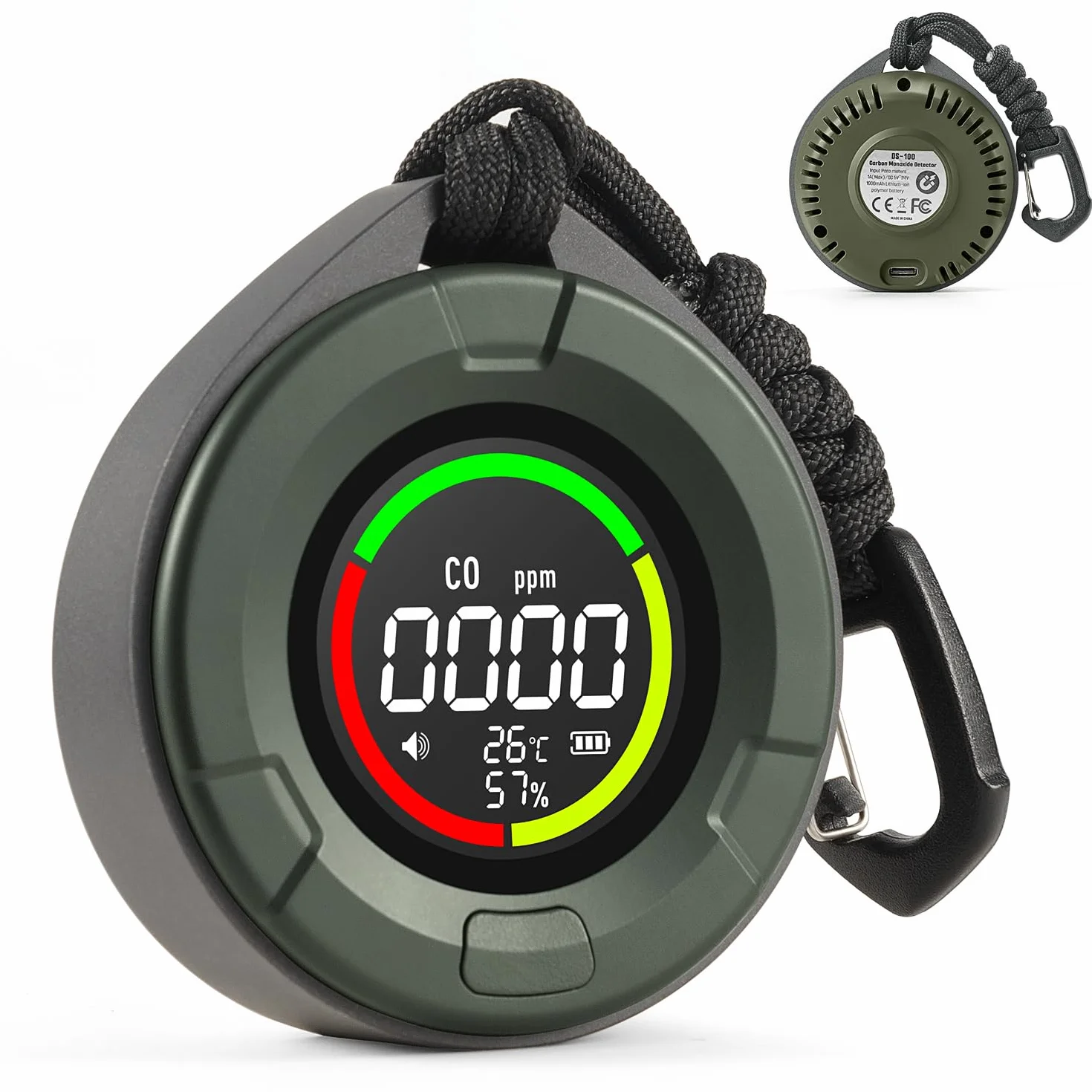 Detector de monóxido de Carbono portátil GasDoc DS-100, Detector de CO 3-en-1 para Viaje & Camping, medidor de CO Recargable con Alerta Audible & Visual, Alarma para hogar & Coche - Bosque Oscuro