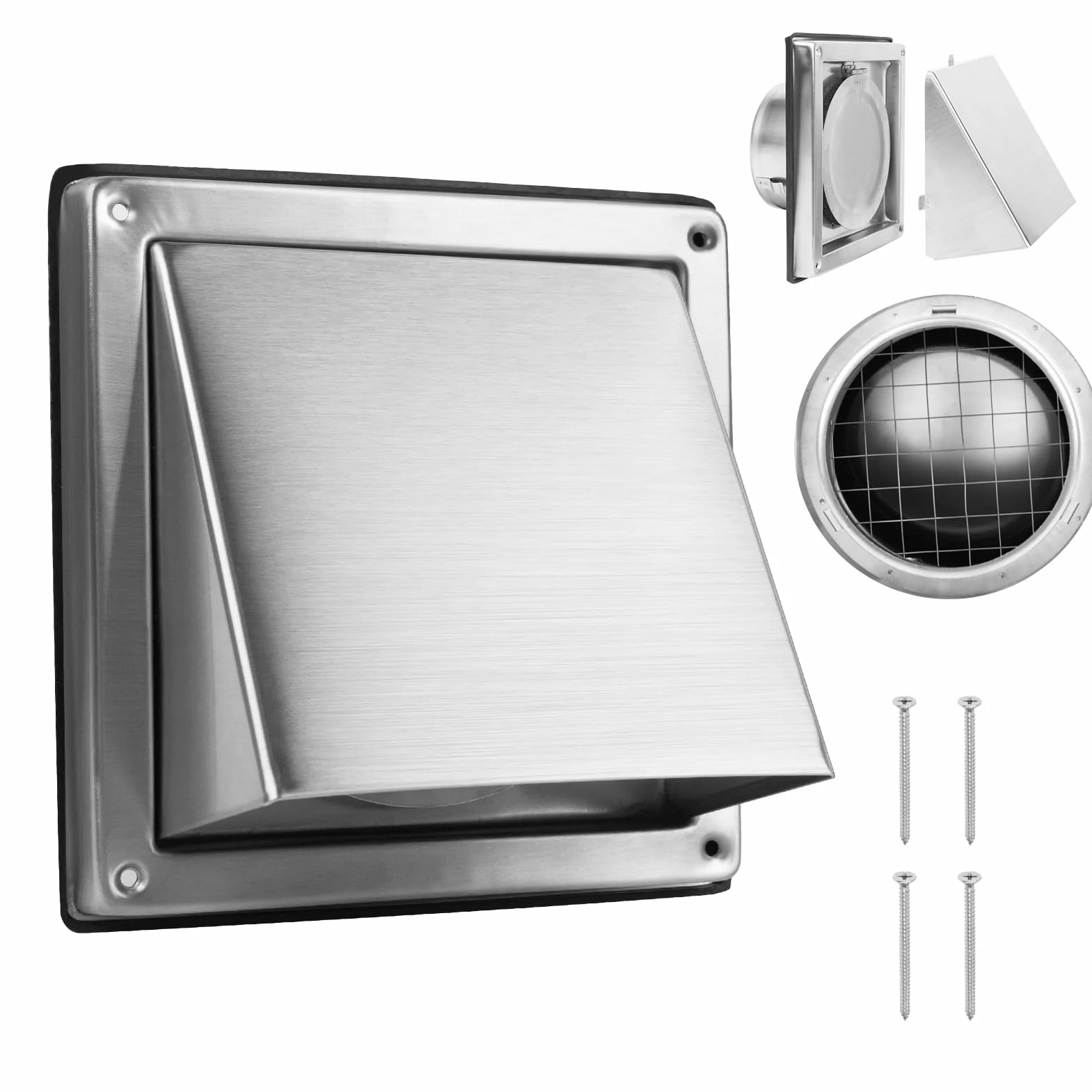 WeCooper Rejilla Exterior de Pared 150 mm (6”) de Acero Inoxidable 304 con Campana, Malla Antipájaros y Cubierta Extraíble, Salida de Aire para Extractor, Baño, Cocina y Secadora
