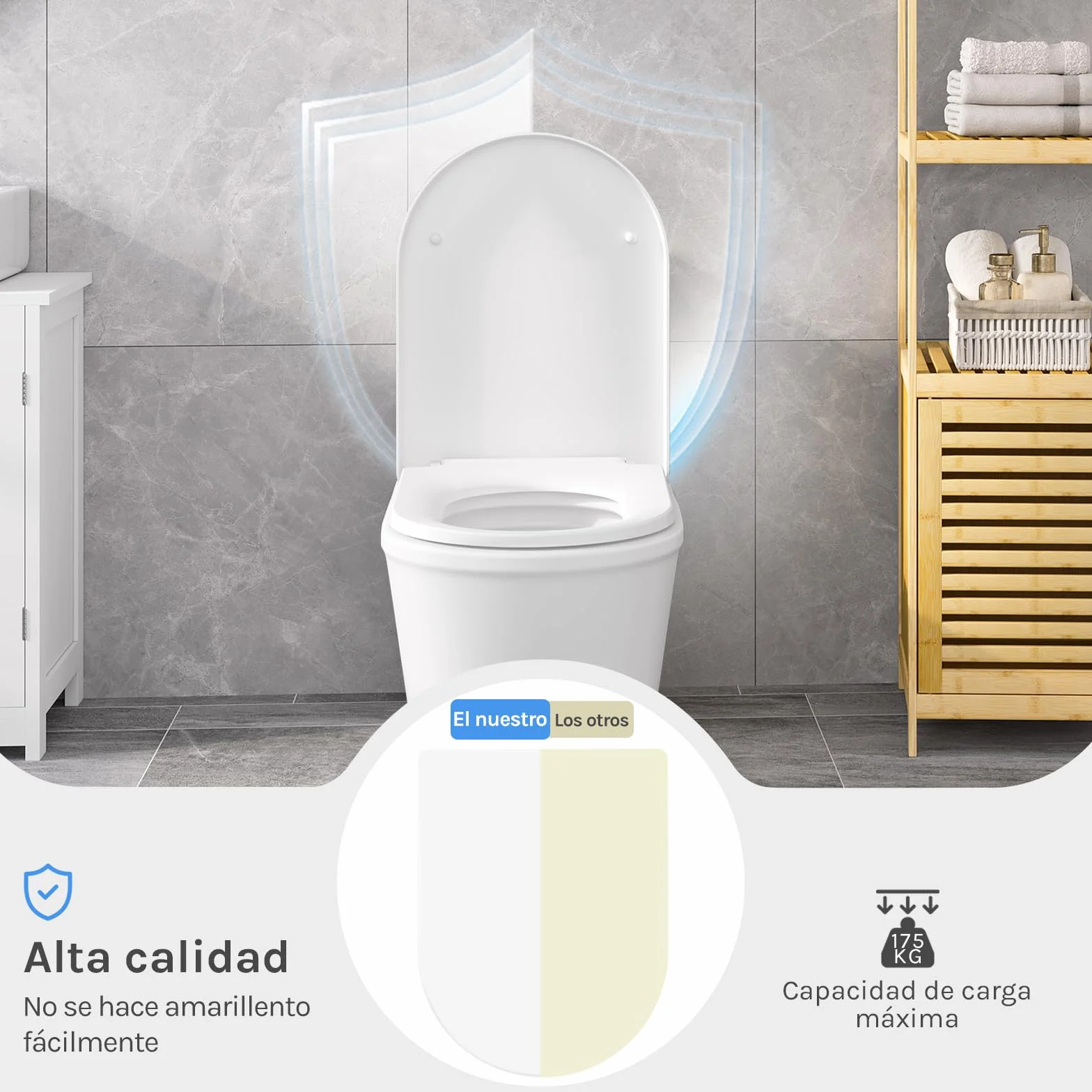WOLTU Tapa de WC Asiento Inodoro Bisagra de Cierre Suave Instalar Rápida/Demontar Rápida, Plastico Blanco Forma de D