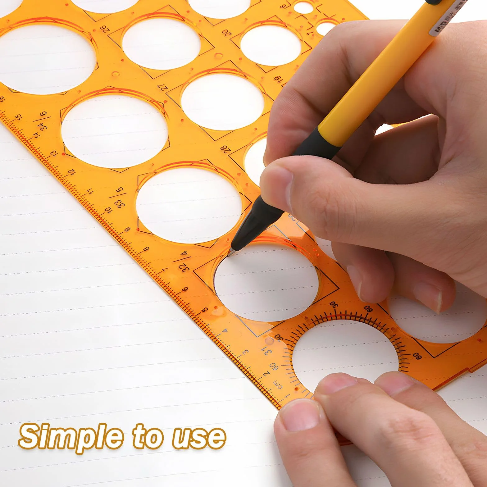 Plantilla de dibujo de 36 círculos, plástico resistente, naranja transparente para dibujo técnico