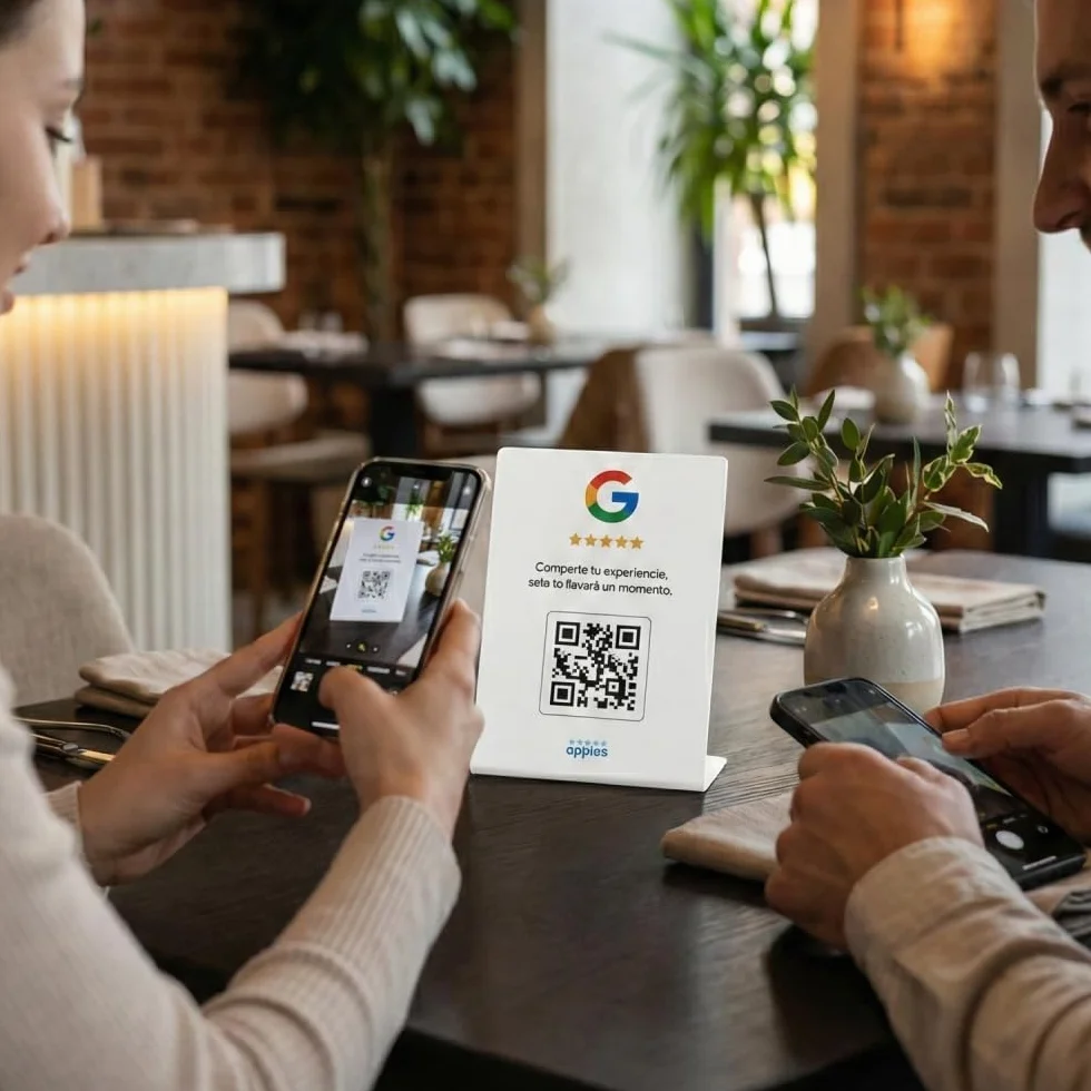 OPINAS Soporte QR Reseñas Google App IA Responder Reseñas Stand Cartel Opiniones