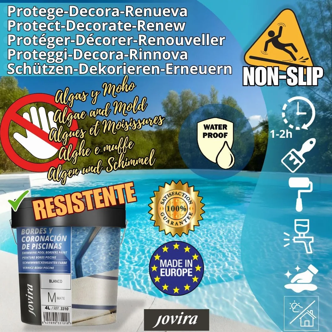 JOVIRA PINTURAS Pintura Bordes y Coronación de Piscinas. Antideslizante especial para renovar los bordes de las piscinas. (4 Litros, Blanco) A-32B
