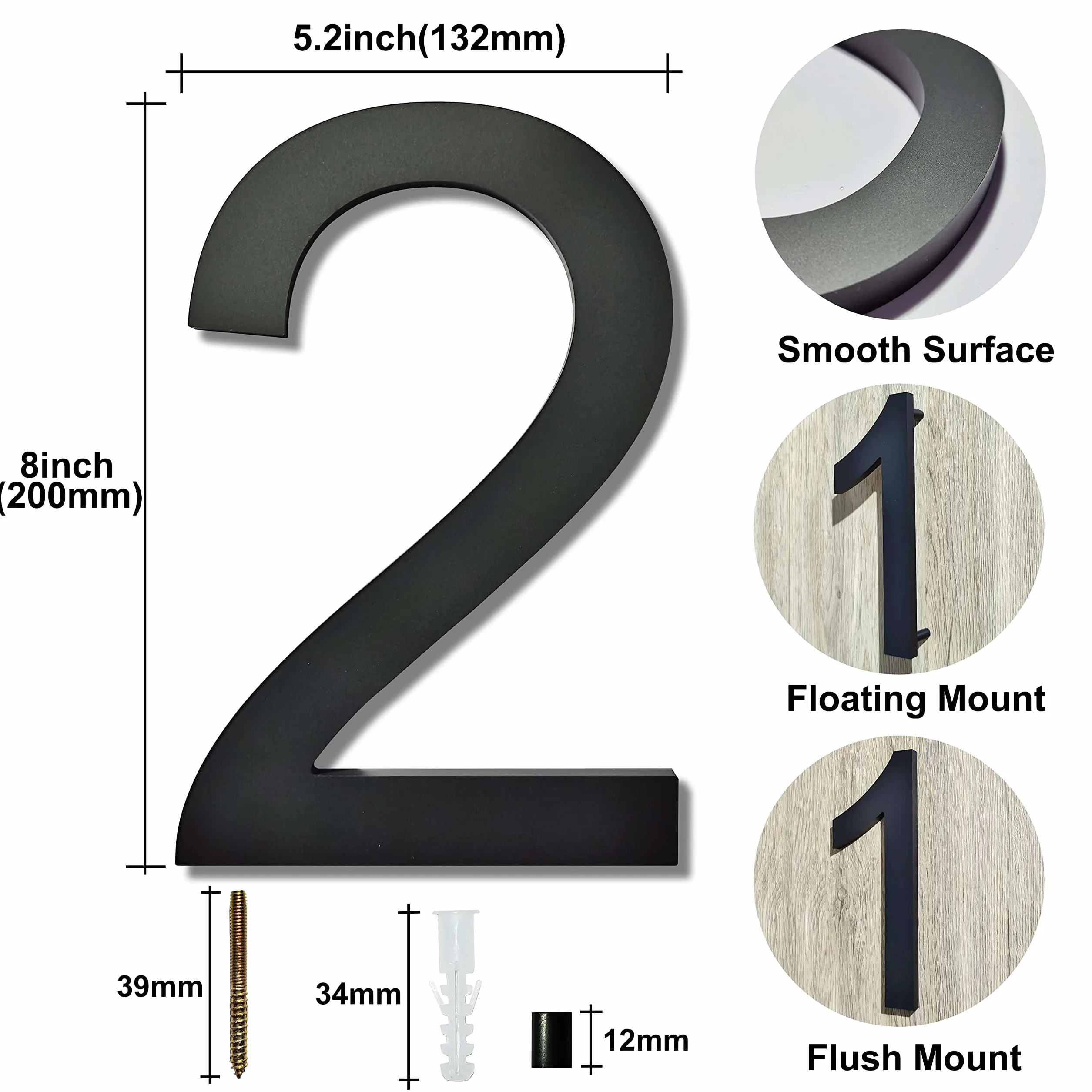 Número de casa exterior- 200mm -gran Número de casa exterior flotante 3D moderno - resistente a la intemperie y fácil de instalar - hecho de acrílico, negro mate número (2)
