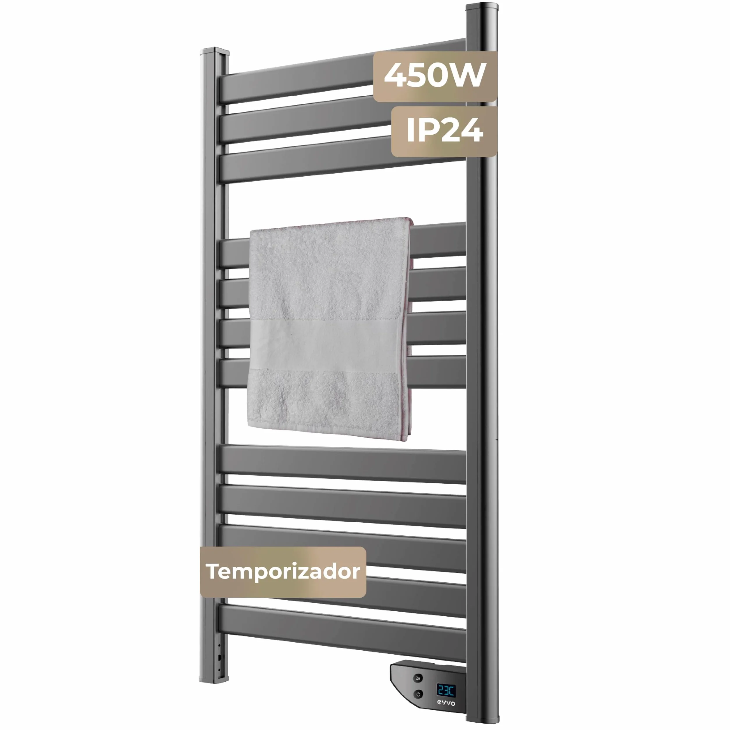 EVVO Toallero Eléctrico C500 Acero, 450W, hasta 8 m2, Bajo Consumo, Silencioso, Seguridad Sobrecalentamiento, Incluye Kit de Instalación, Antisalpicaduras, Temporizador 2 Horas (Acero)